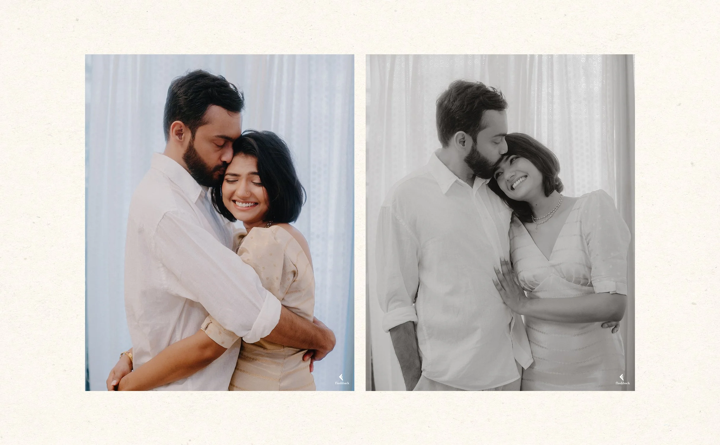 A side-by-side comparison of two similar photos of a couple. The left photo is in color, showing a man with dark hair and a beard hugging a woman with shoulder-length dark hair, both smiling and appearing happy. The right photo is in black and white,
