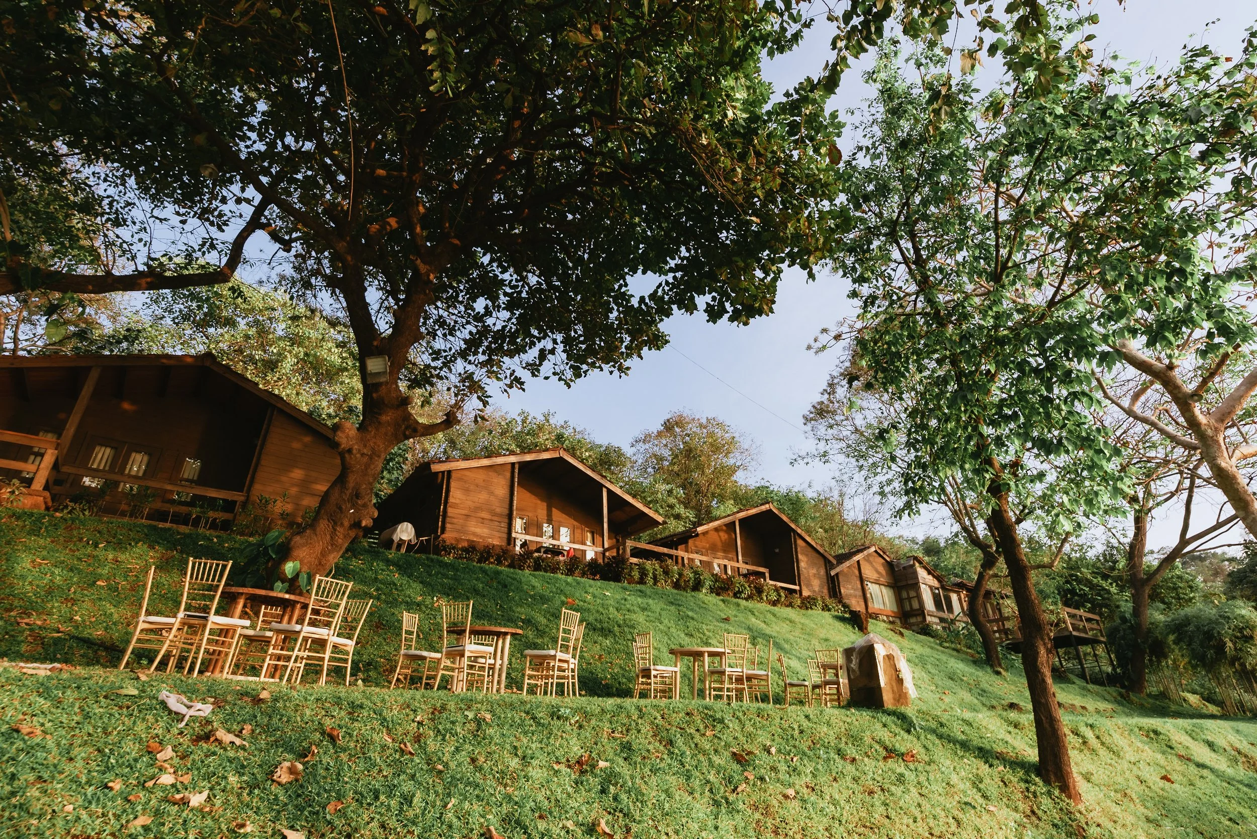 Multiple wooden cabins with sloped roofs nestled on a hillside surrounded by trees, with a grassy area in the foreground equipped with chairs and a rock.
