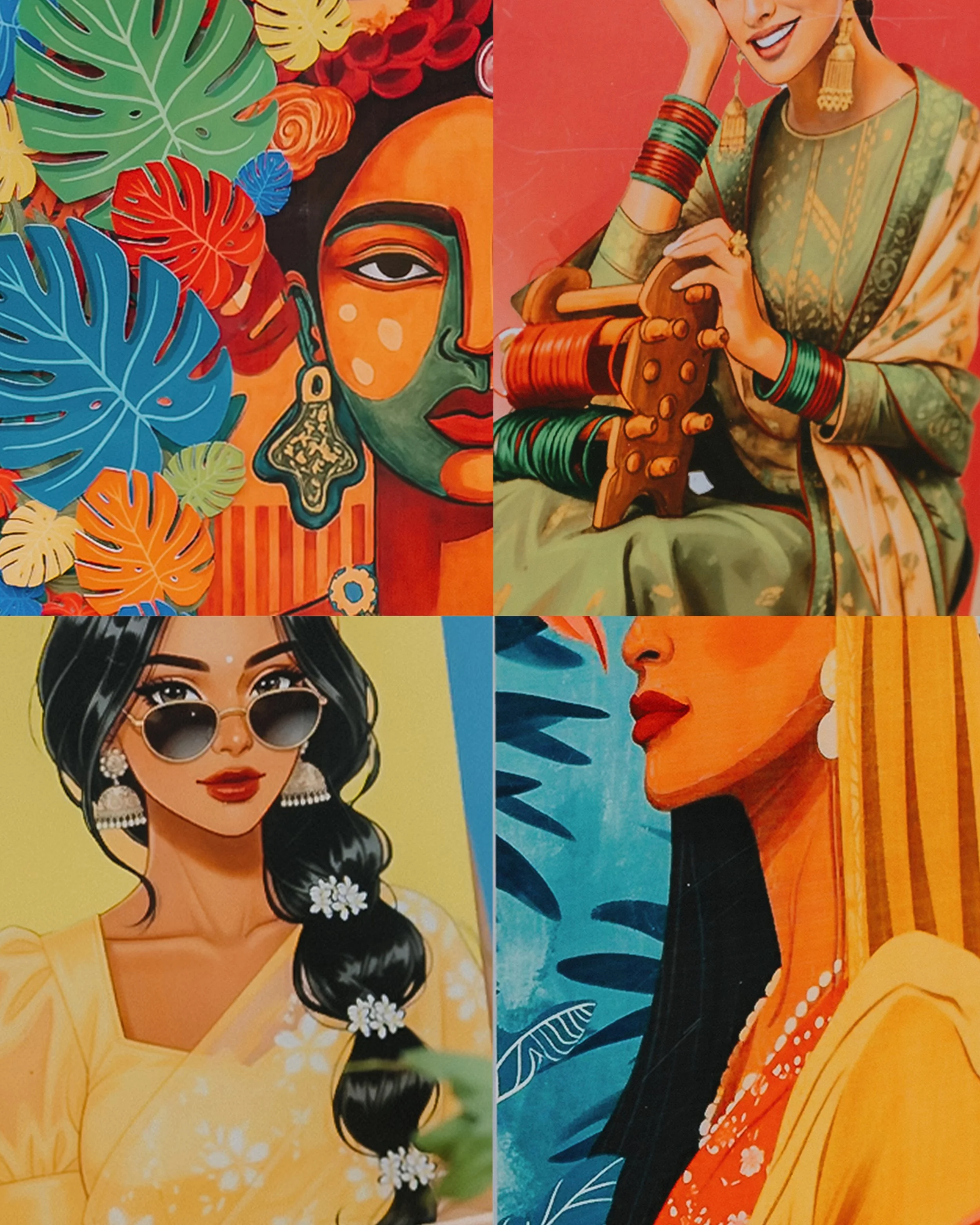 Four vibrant portraits of women with different styles and backgrounds, featuring bright colors and decorative elements.