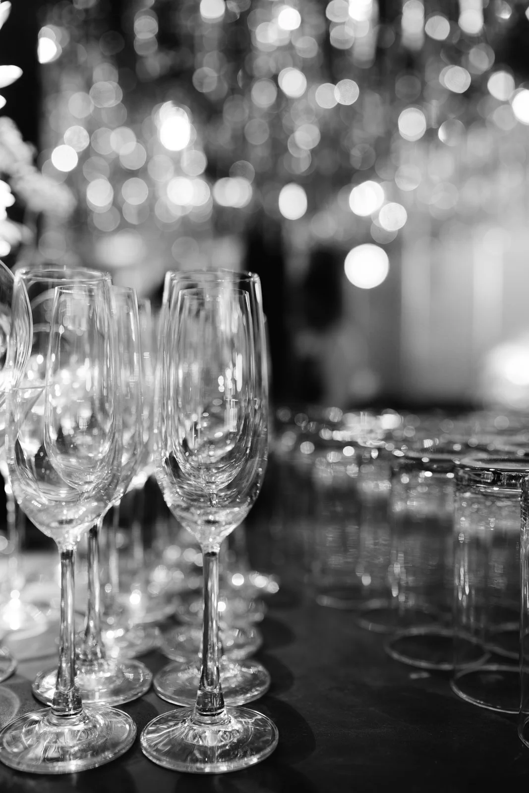 Champagne glasses at the Taj West End cocktail, black and white