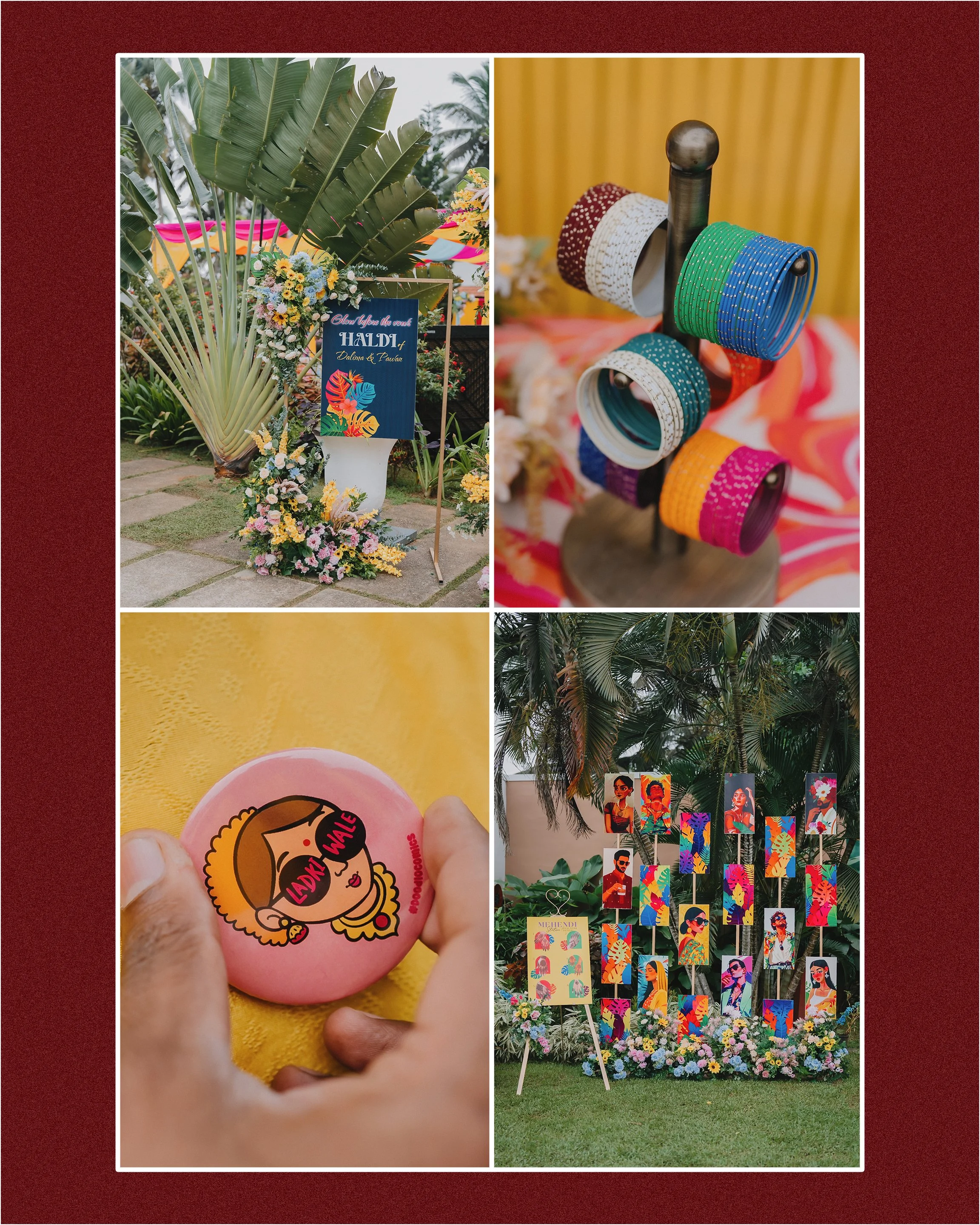 A collage of four images from a celebration or outdoor event. The top left shows lush green tropical plants and a decorative sign with flowers. The top right features spools of colorful thread on a stand with a yellow curtain in the background. The b