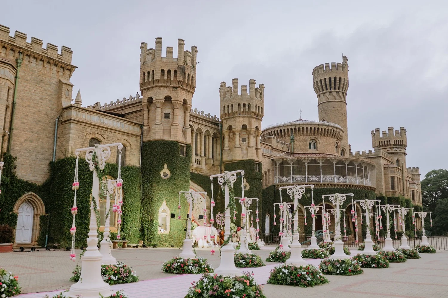 Bangalore Palace facade and the decorated wedding walkway