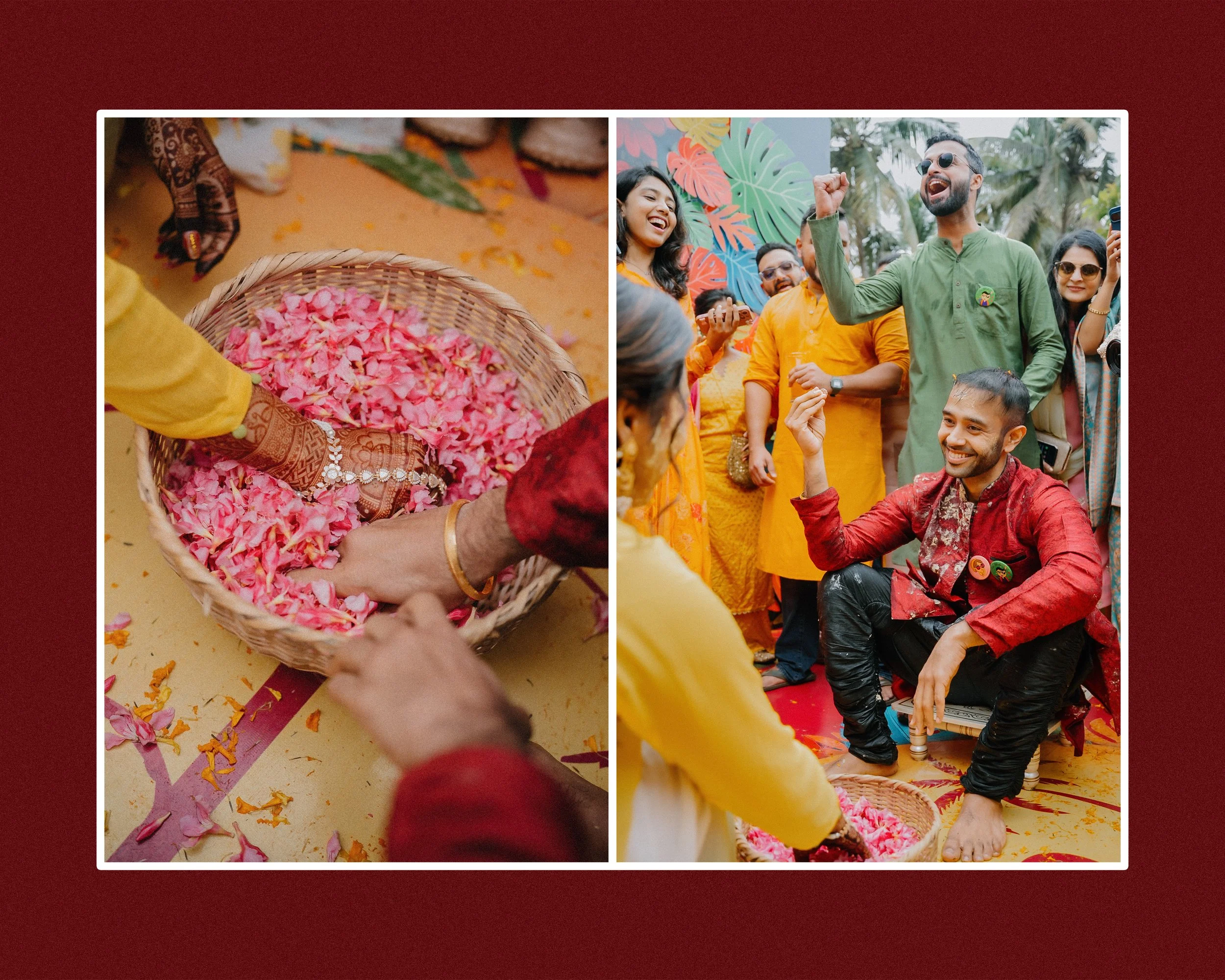 People celebrating a traditional Indian wedding ceremony. A woman is holding a basket filled with pink flower petals, and other individuals are smiling and enjoying the event. The scene is outdoors with palm trees and colorful decorations.