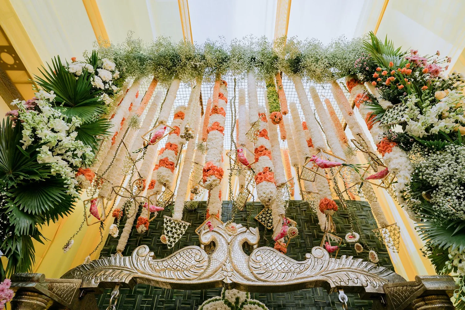Overhead view of the floral haldi stage