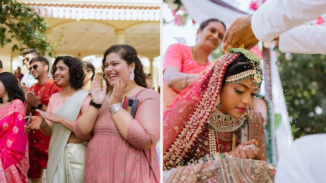 A wedding ceremony with guests smiling and clapping on the left, and an Indian bride in traditional attire receiving a ritual blessing on the right.