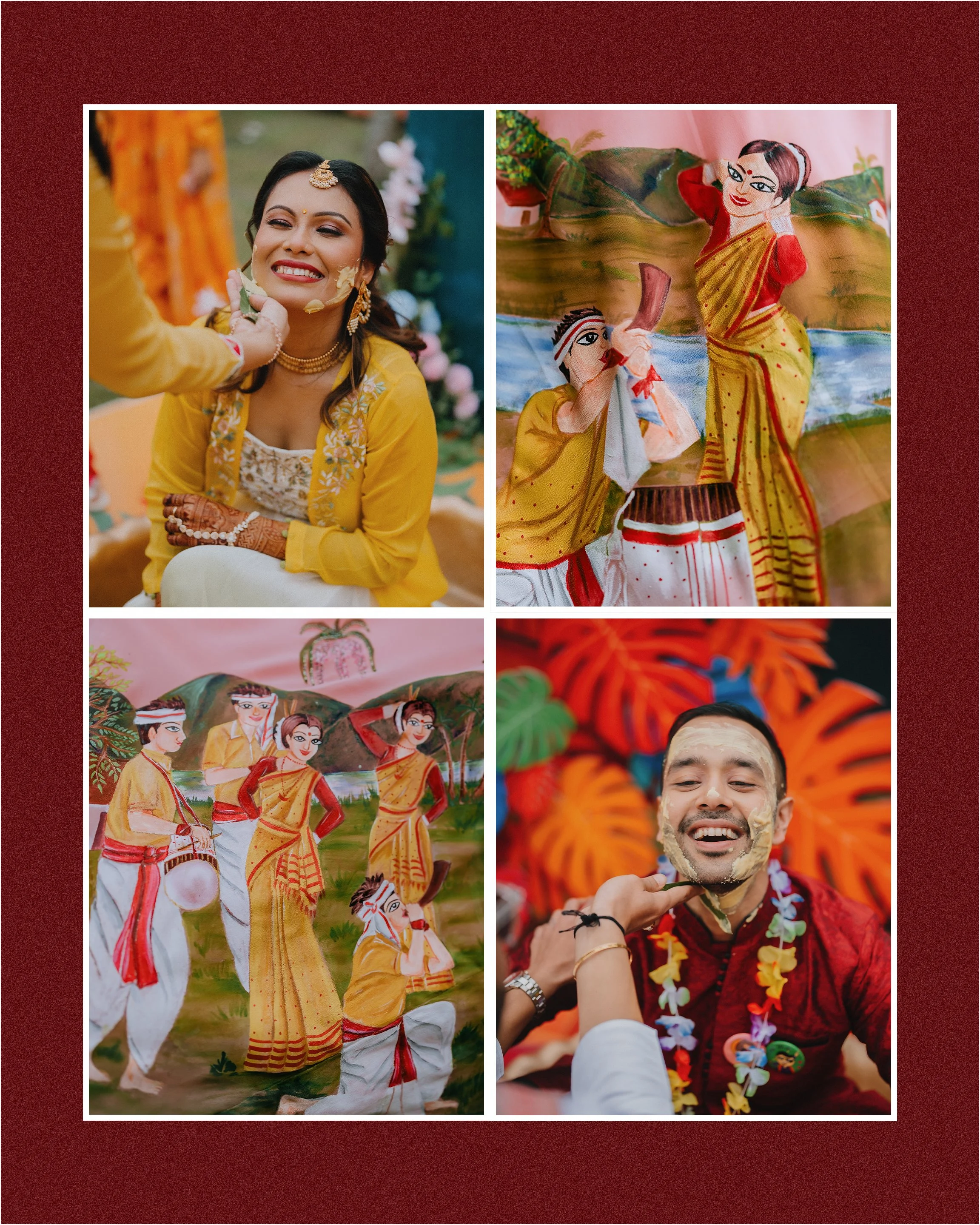 A collage of four images from a traditional Indian celebration. The top left shows a smiling woman in yellow traditional attire with jewelry, applying a decoration to her face. The top right features a painted or illustrated woman in traditional sari