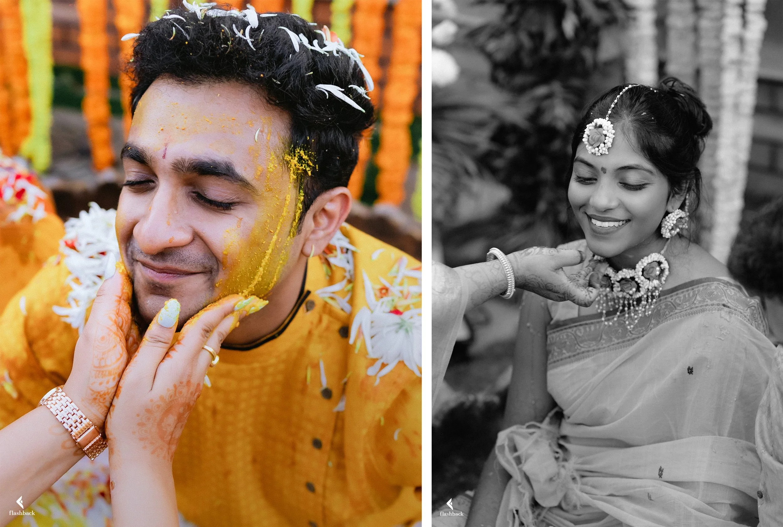 Color photo of a joyful man during a traditional celebration, with yellow powder on his face and yellow attire, having white flower petals on his hair. On the right, a black-and-white photo of a smiling woman dressed in traditional attire with jewelr