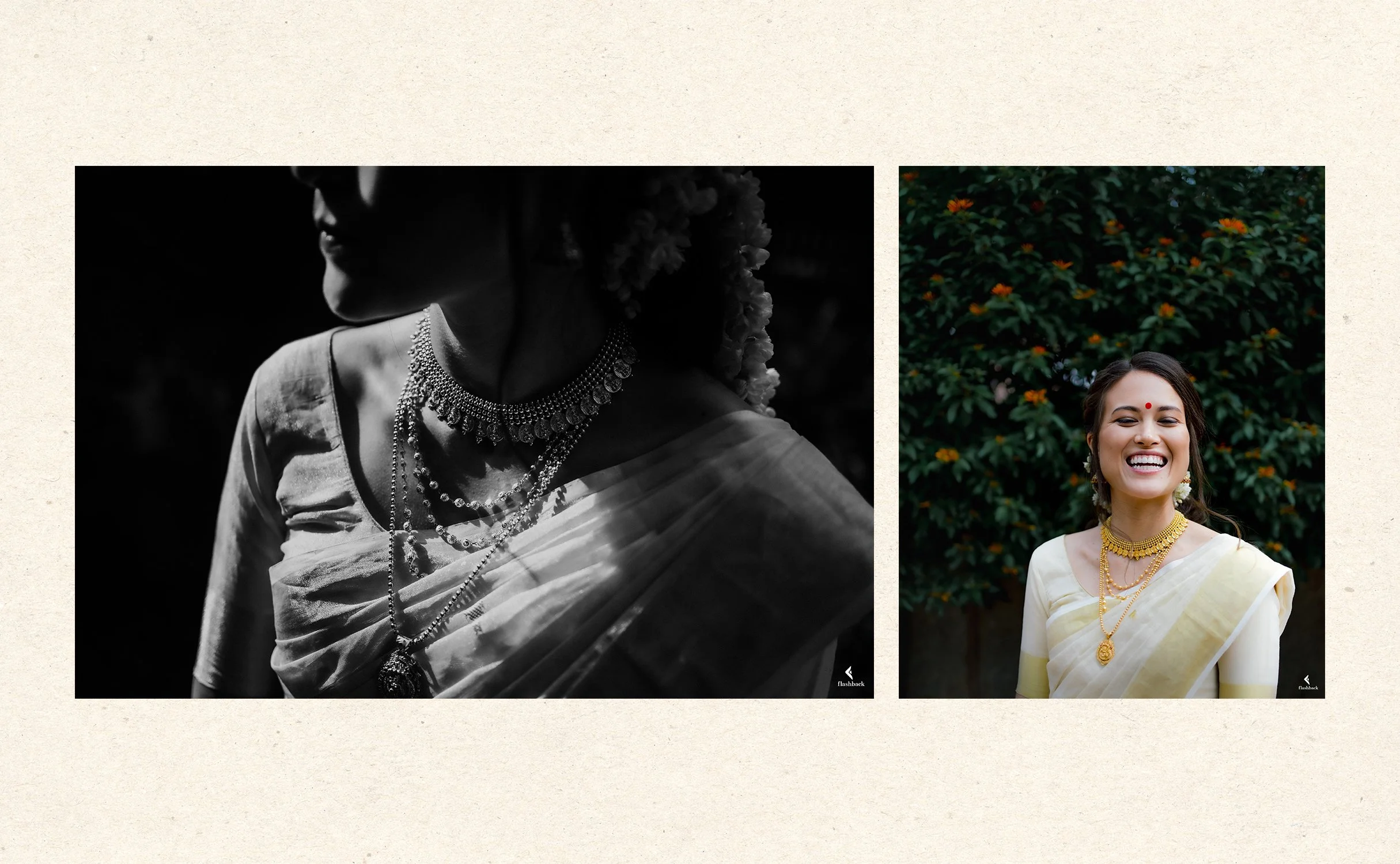 Comparison of two images of a woman in traditional Indian attire. The left image is a black-and-white portrait focusing on the jewelry and sari, with the face partially visible. The right image is a color portrait of a smiling woman wearing jewelry a