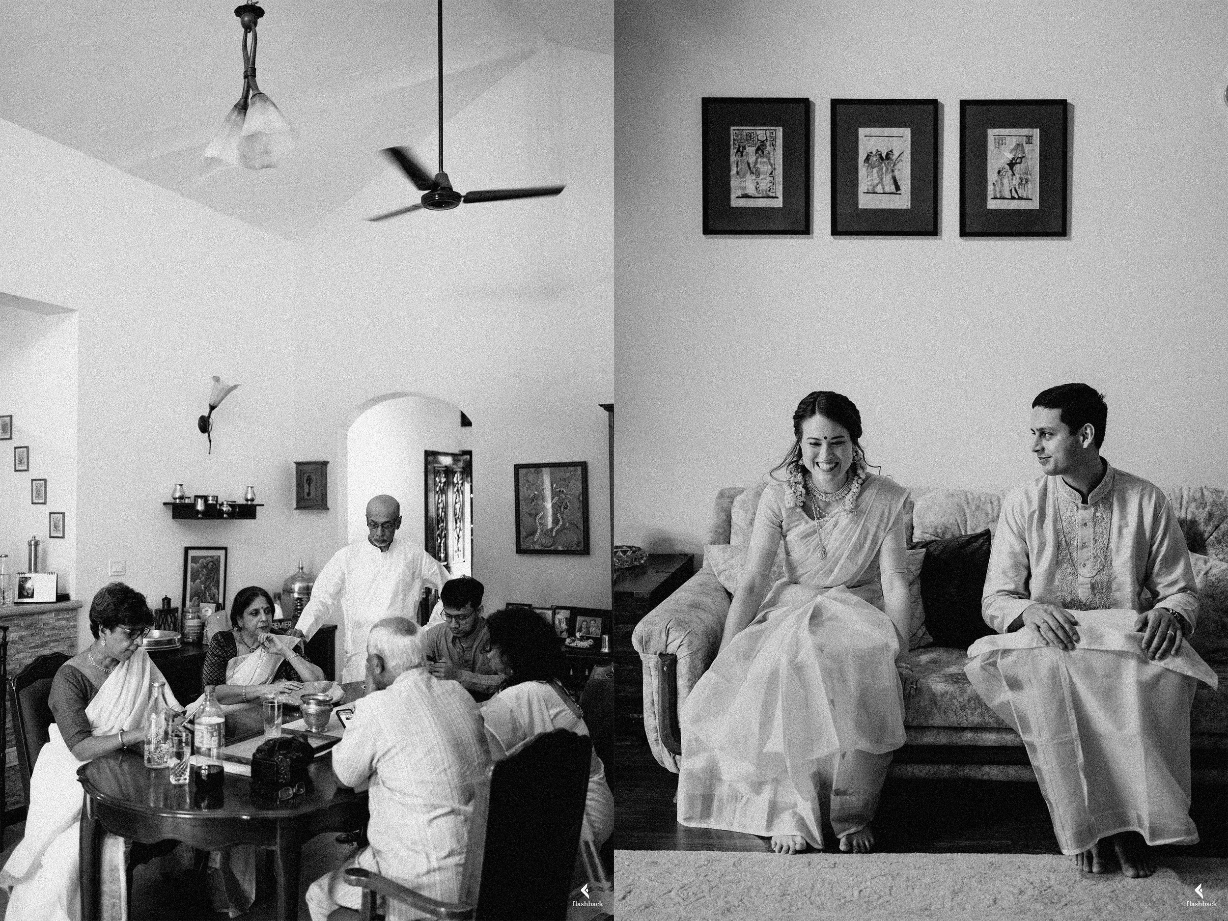 Side-by-side black-and-white photograph of a family gathering. The left photo shows a diverse group of people sitting around a dining table, with an older man serving food. The right photo shows a couple dressed in traditional Indian attire sitting o
