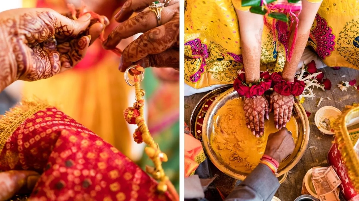 Left: Close-up of Indian wedding ceremony, with hands of bride and groom wearing rings and henna designs, holding a ceremonial ring. Right: Bride's hands pressed in a yellow powder, surrounded by flower garlands, with a person applying the powder dur