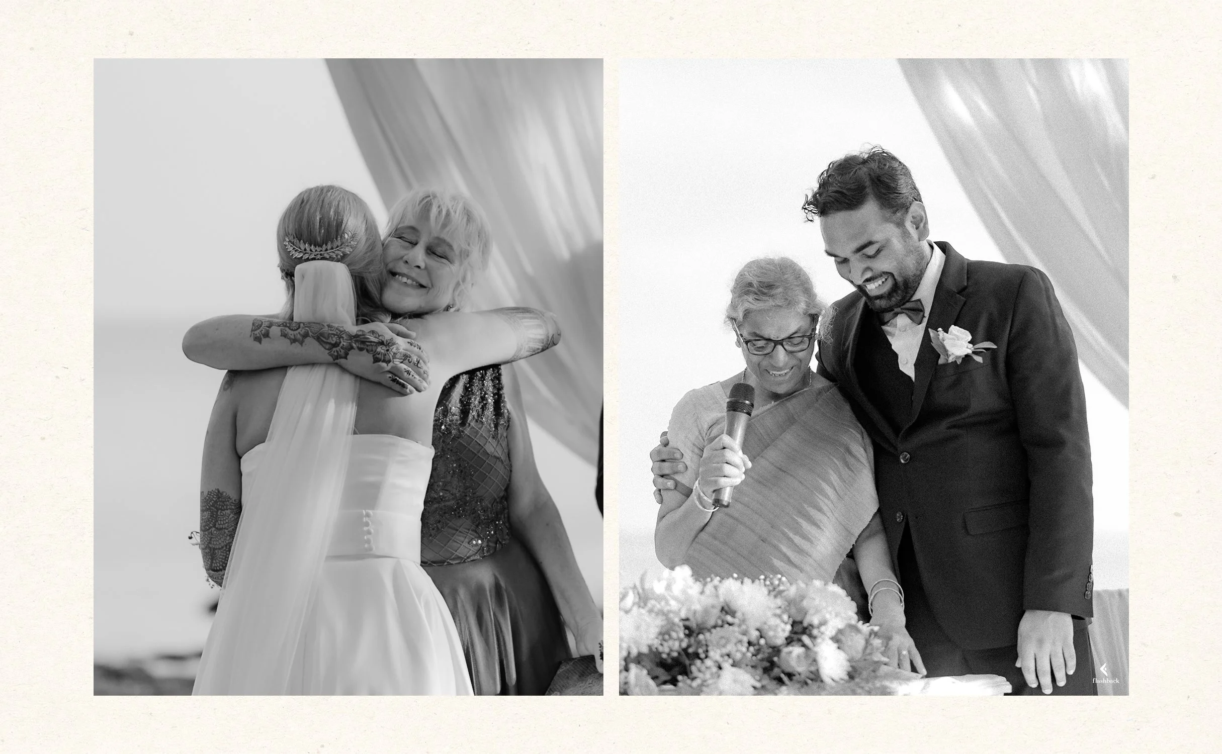 Black-and-white photos of a wedding ceremony with two couples: on the left, a bride hugging an older woman with tattoos, and on the right, a groom and an older woman at a cake cutting, all smiling.