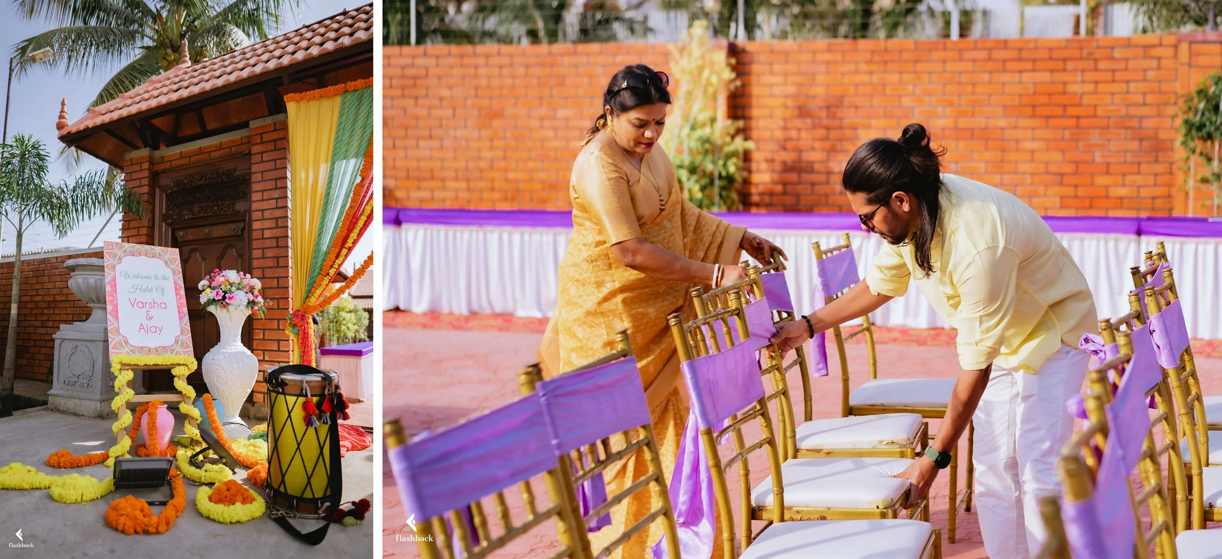 Decorations at a South Asian wedding venue with flowers and a welcome sign; people setting up purple and gold chairs for the ceremony.