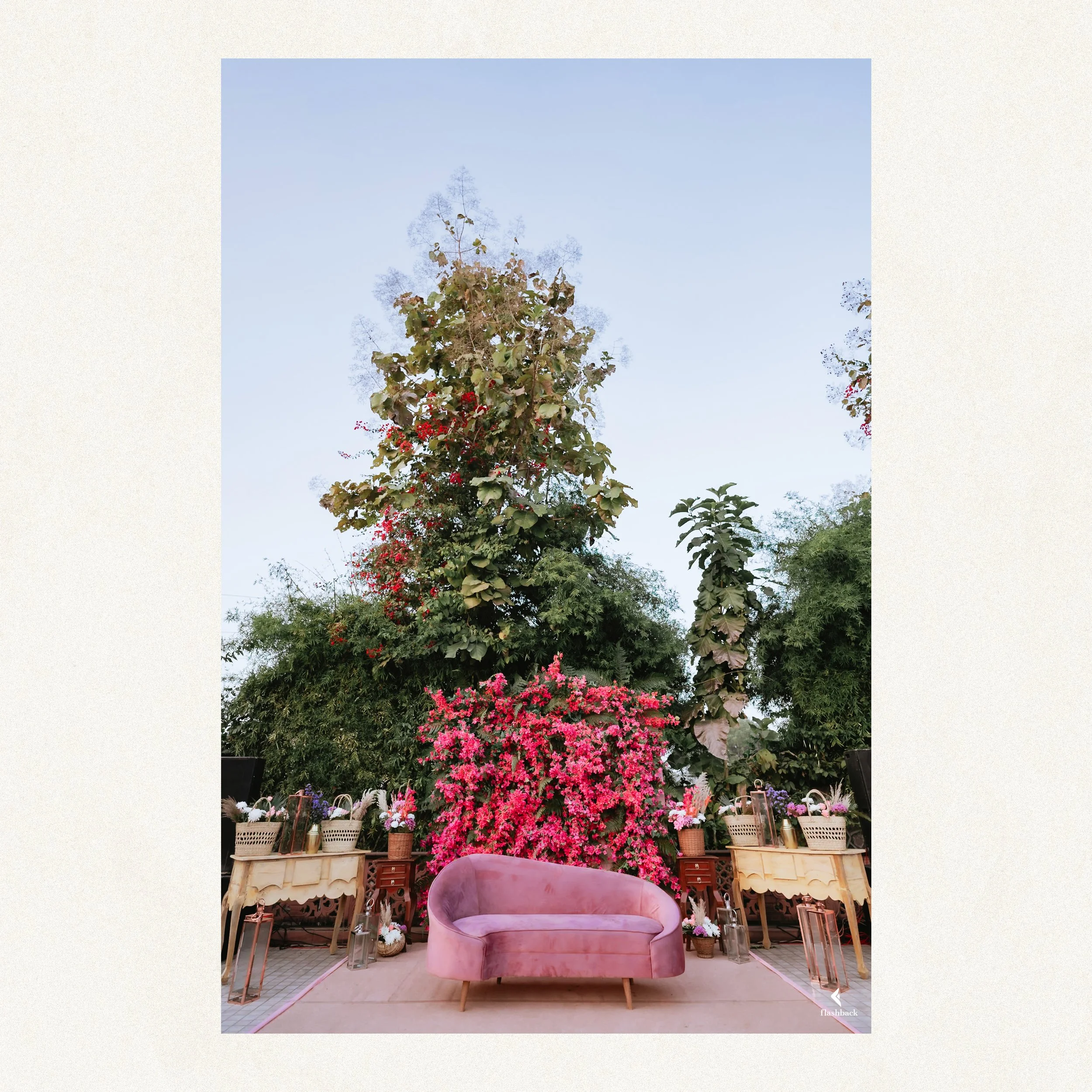 Outdoor garden decorated with pink and red flowers, potted plants, lanterns, and a pink velvet couch, with clear blue sky above.