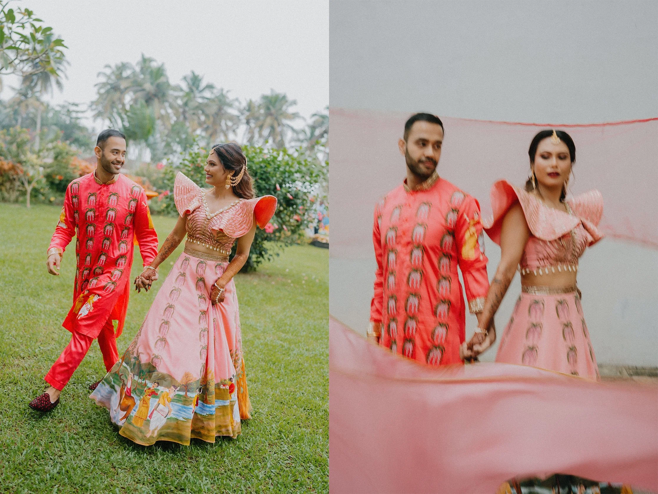 A couple dressed in traditional Indian attire holding hands and walking outdoors during daytime, with greenery and trees in the background.