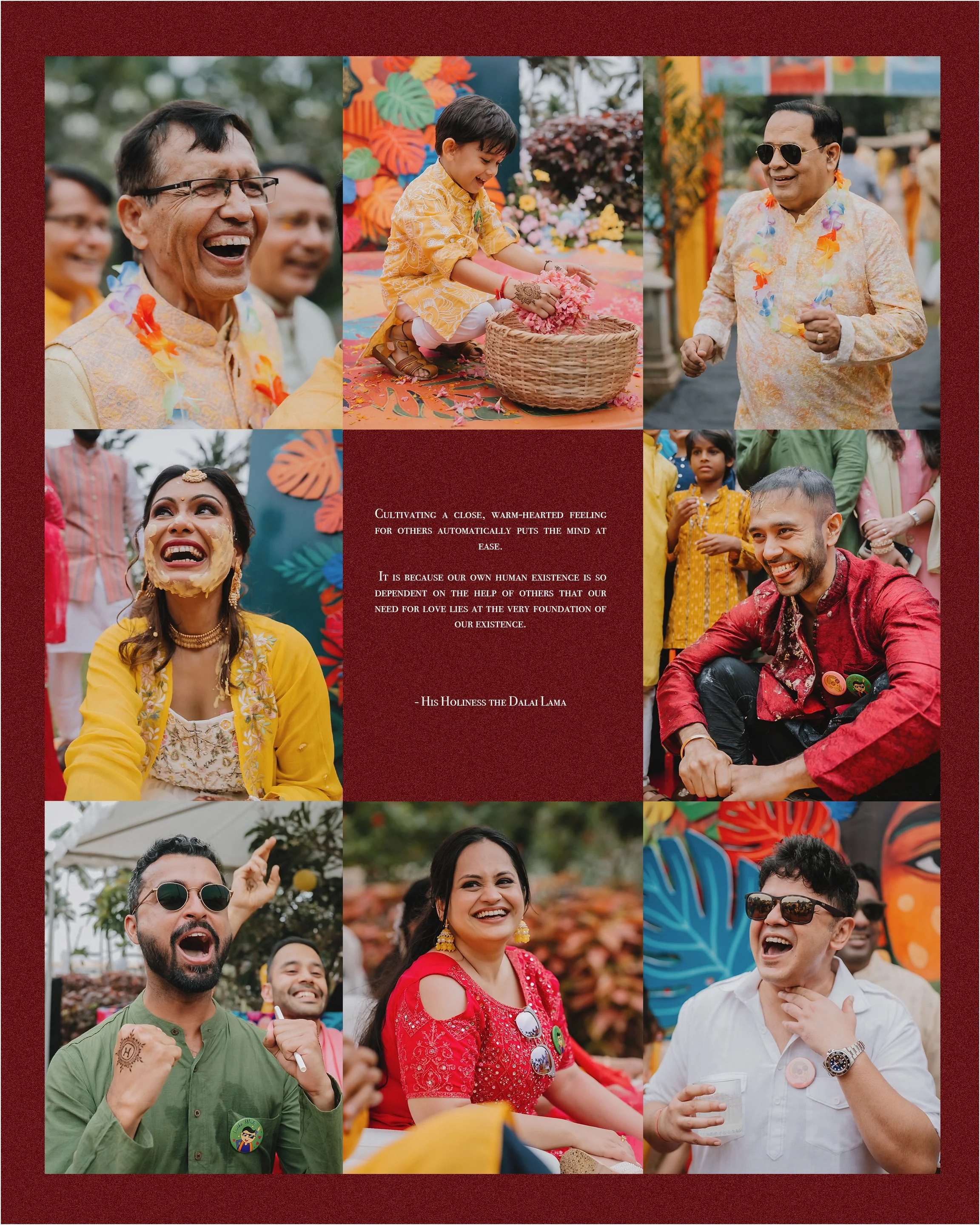 Collage of people celebrating a colorful festival outdoors, smiling and wearing traditional attire, with various decorations and flowers in the background.
