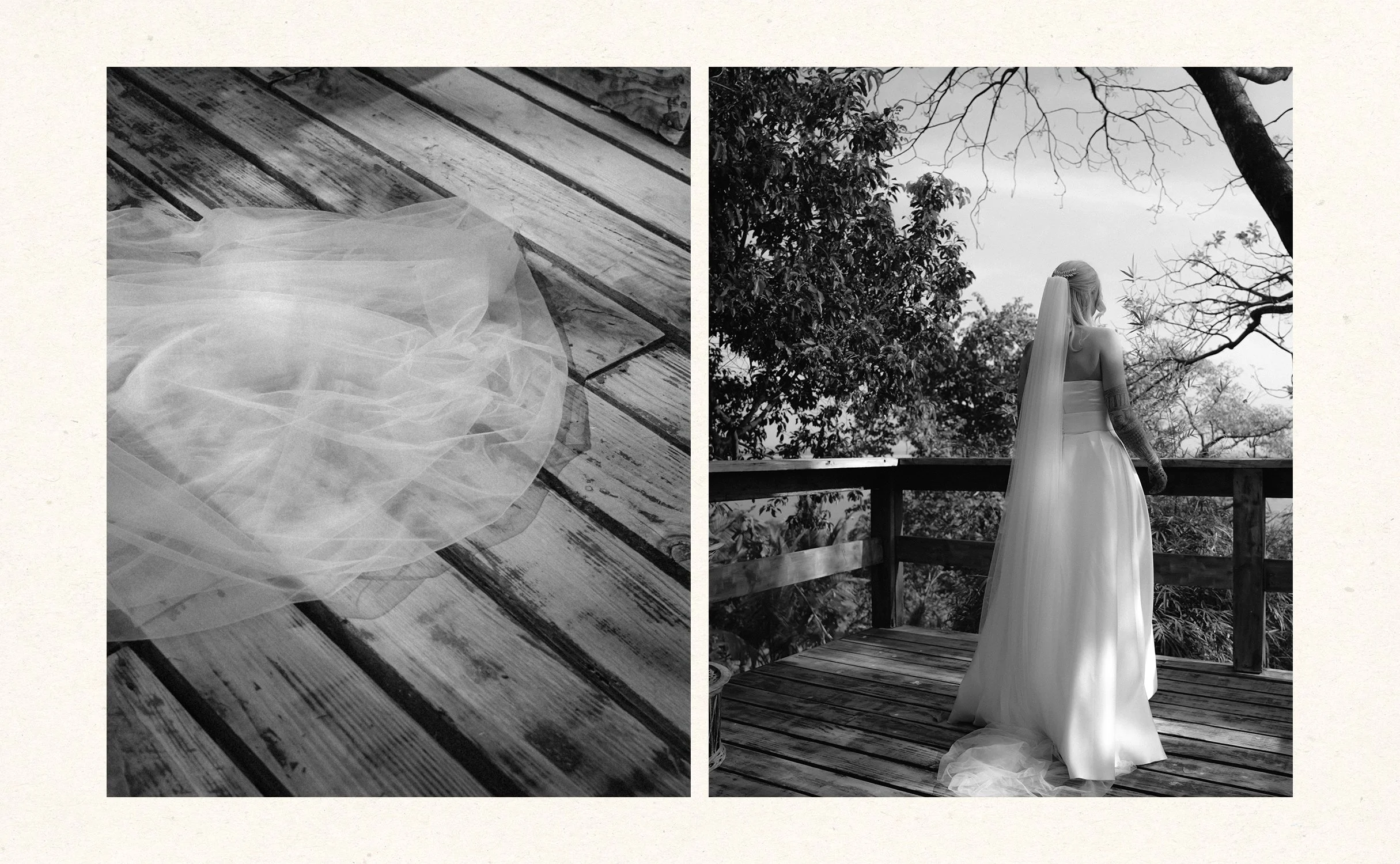 Side-by-side black and white images of a wedding dress. The left shows the dress fabric and tulle on a wooden surface, while the right features a woman with long hair in a strapless wedding gown with a veil, standing on a wooden deck overlooking a wo