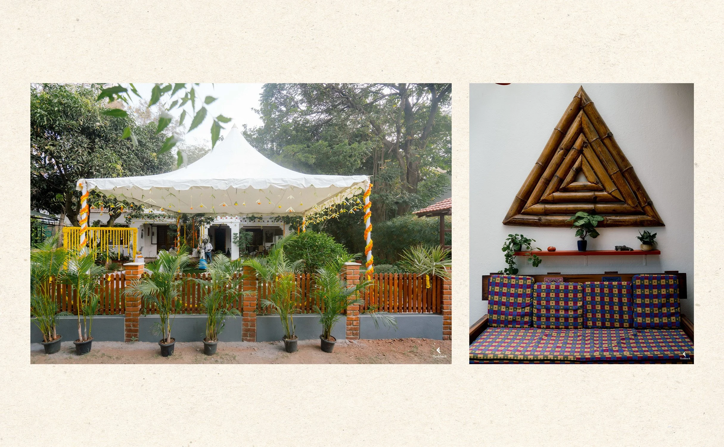 A white tent decorated with yellow and orange garlands in a garden, and a corner with a bamboo triangle wall decoration, potted plants, and a colorful patterned cushioned bench.