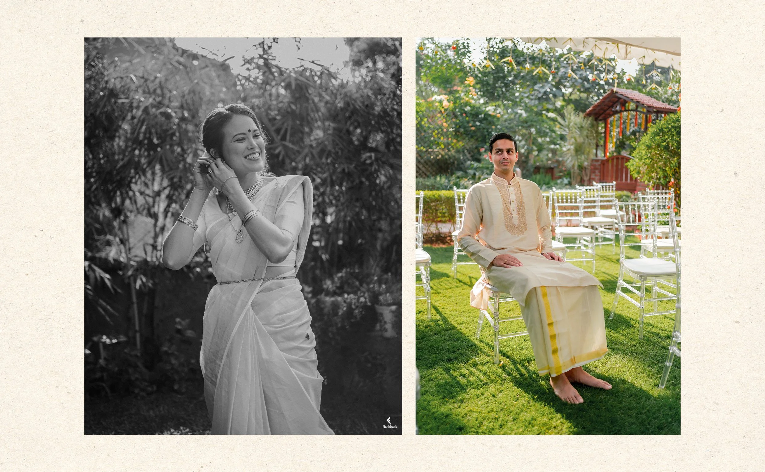 Side-by-side comparison of a woman and a man dressed in traditional Indian attire, sitting outdoors in a garden setting, with chairs arranged around them and sunlight filtering through trees.