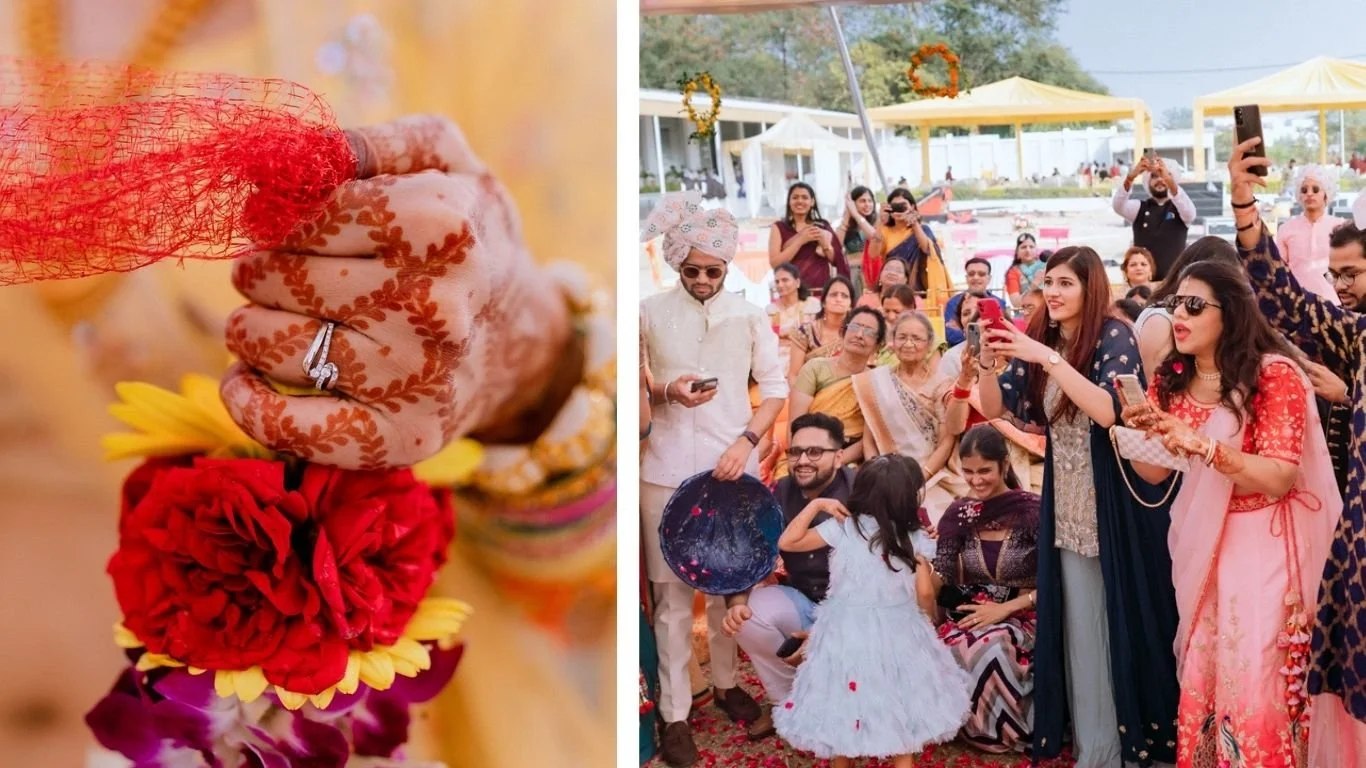 Left side: close-up of a hand wearing a floral ring, holding a yellow flower, with a red flower and purple flower beneath. Right side: a lively outdoor celebration with men, women, and children dressed in colorful traditional attire, many holding pho