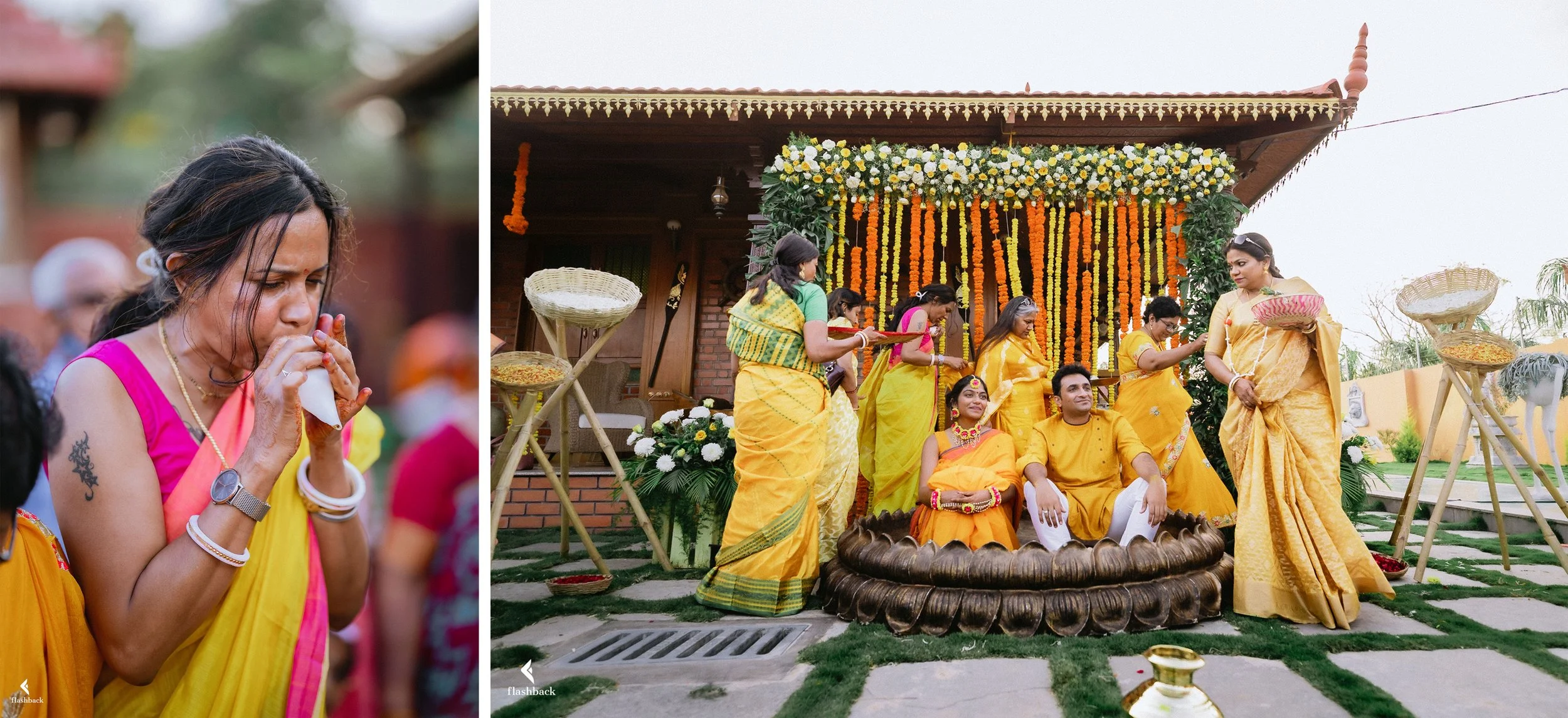 A woman wearing a pink and yellow saree prays with her hands clasped while holding a small vessel, during a traditional Hindu ceremony. The second part of the image features a group of women and a man in yellow attire participating in a religious or