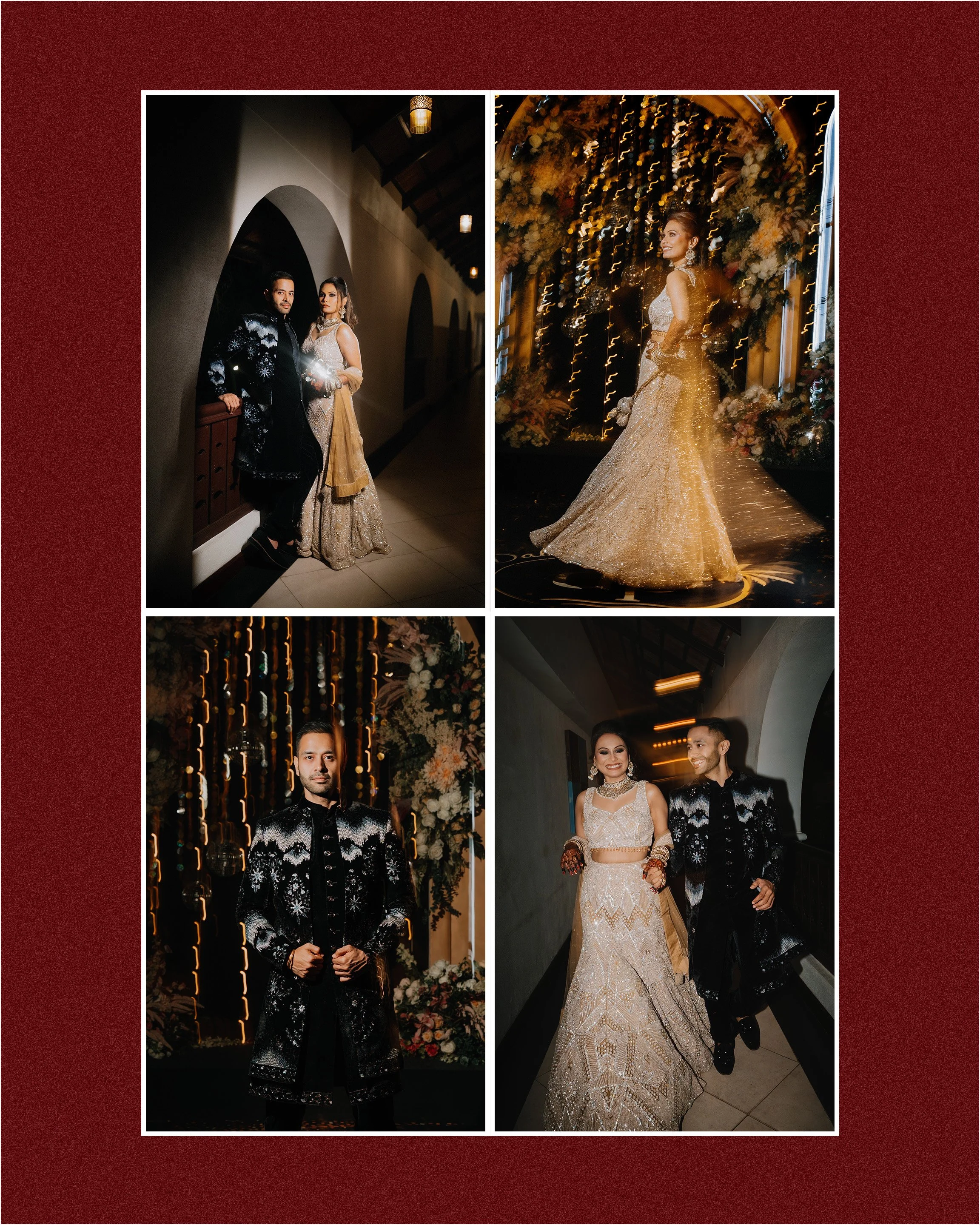 Collage of four wedding photos featuring a bride and groom and wedding decorations.