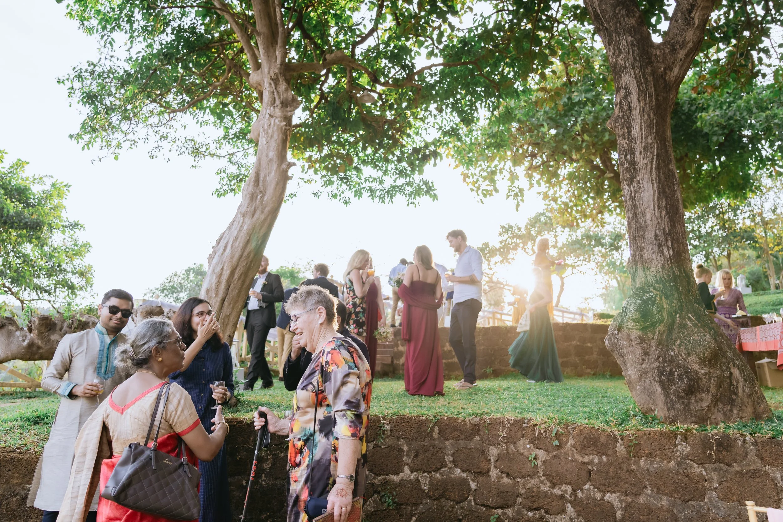 People socializing at an outdoor gathering in a park with large trees, some wearing traditional and formal attire, during sunset.