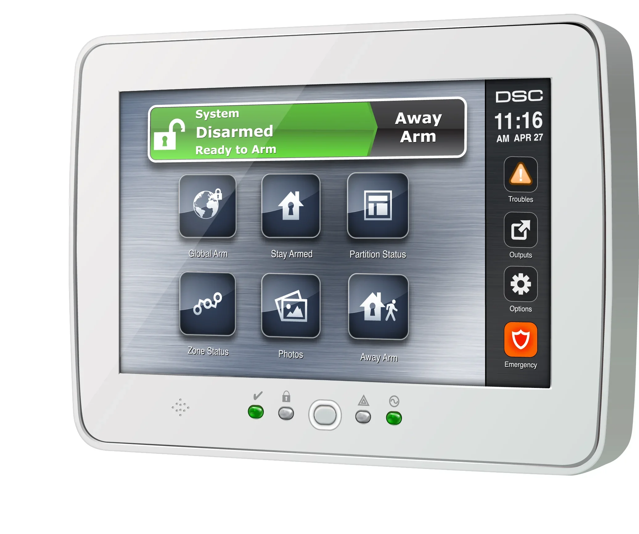 Home security system panel displays 'Disarmed, Ready to Arm', with 'Away Arm' status, and a time of 11:16 AM on April 27, 2023.