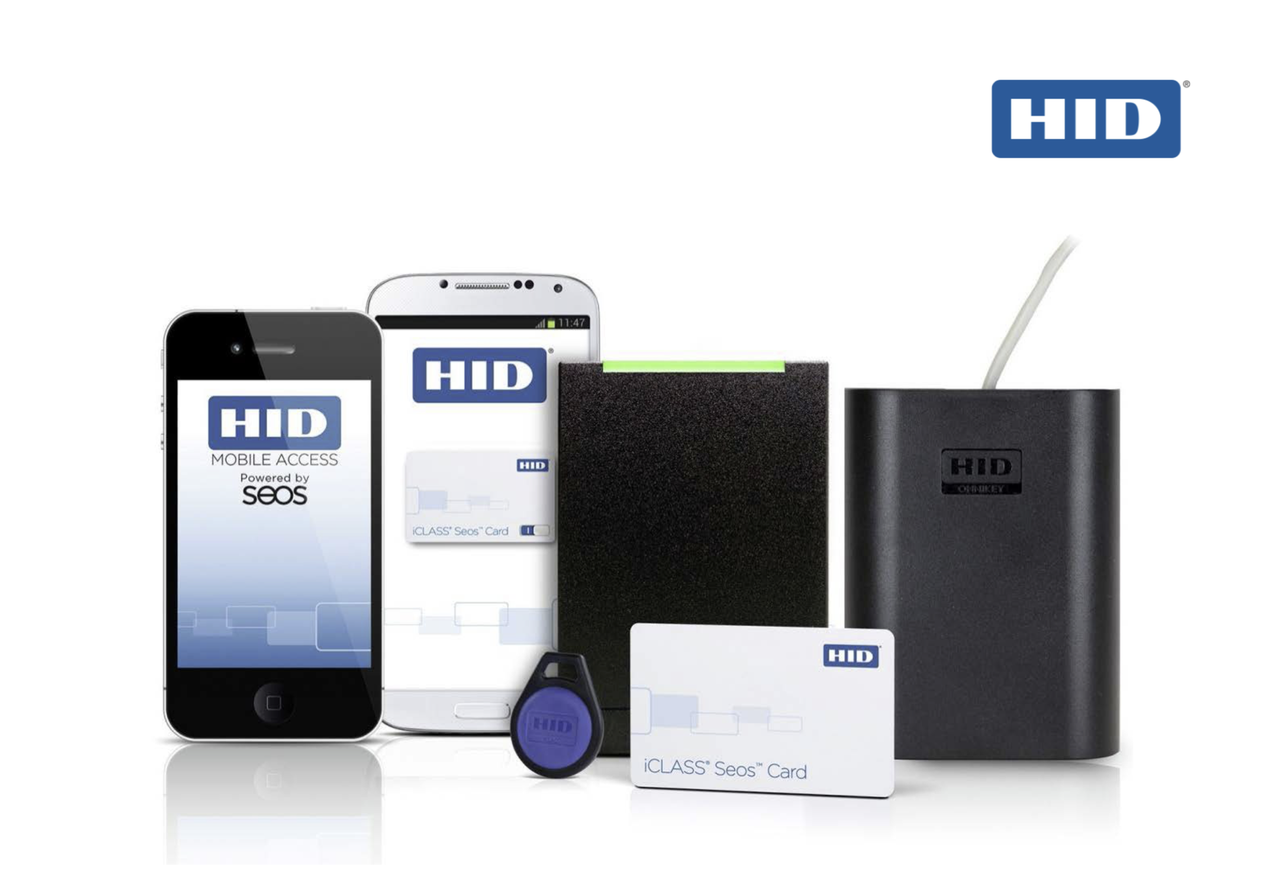 HID security access products including two smartphones, a card, a key fob, a black reader device with a white cable, and other access control equipment, all branded with the HID logo.