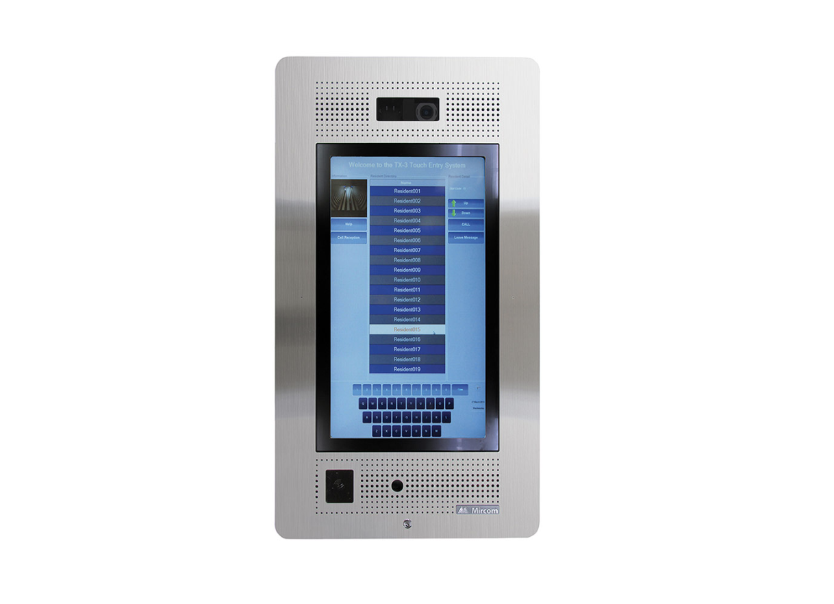 A modern intercom or access control system with a touchscreen display, camera, and speaker, used for visitor entry management in a building.