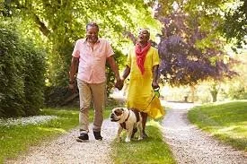A couple walking hand in hand down a park path with a dog on a leash, surrounded by trees and greenery.