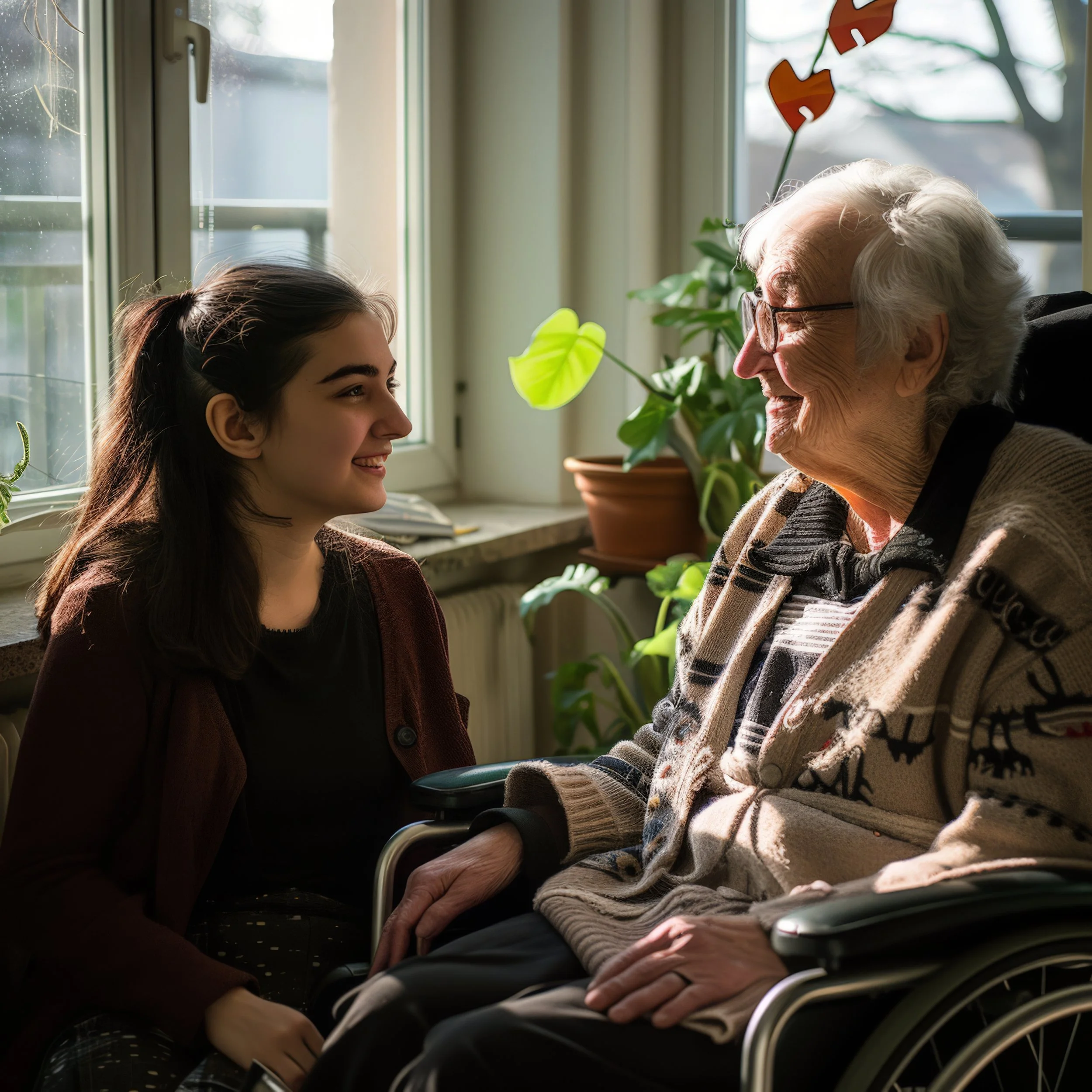 A young woman and an elderly woman sharing a happy moment indoors, sitting by a window with sunlight, surrounded by houseplants, smiling at each other.