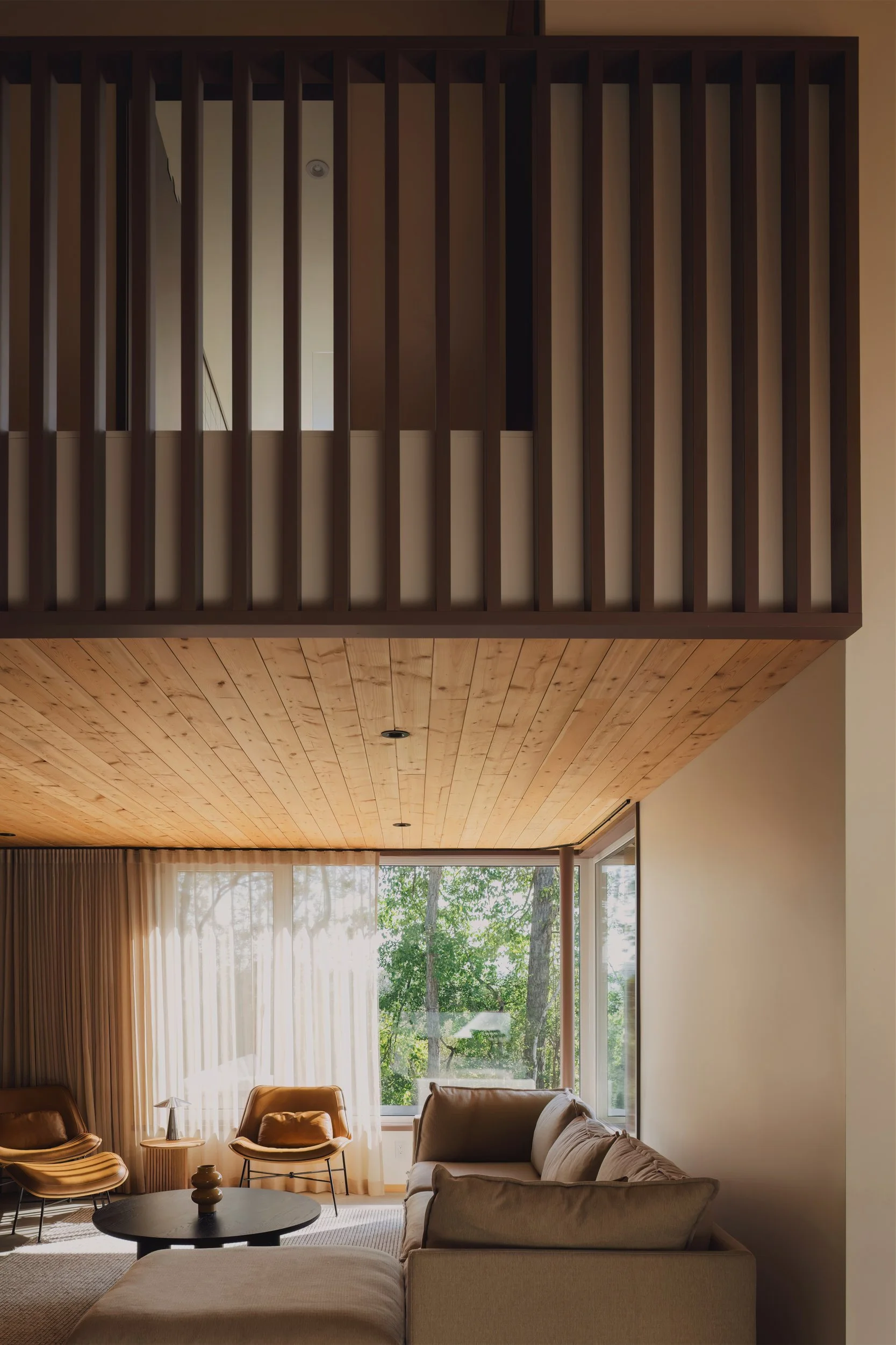 Living room of architectural cabin at Wabamun, Alberta near Edmonton