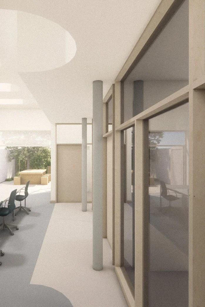 Perspective image of architectural commercial office renovation and tenant improvement project in Fort Saskatchewan, Alberta showing open office area with structural columns and landscape beyond.