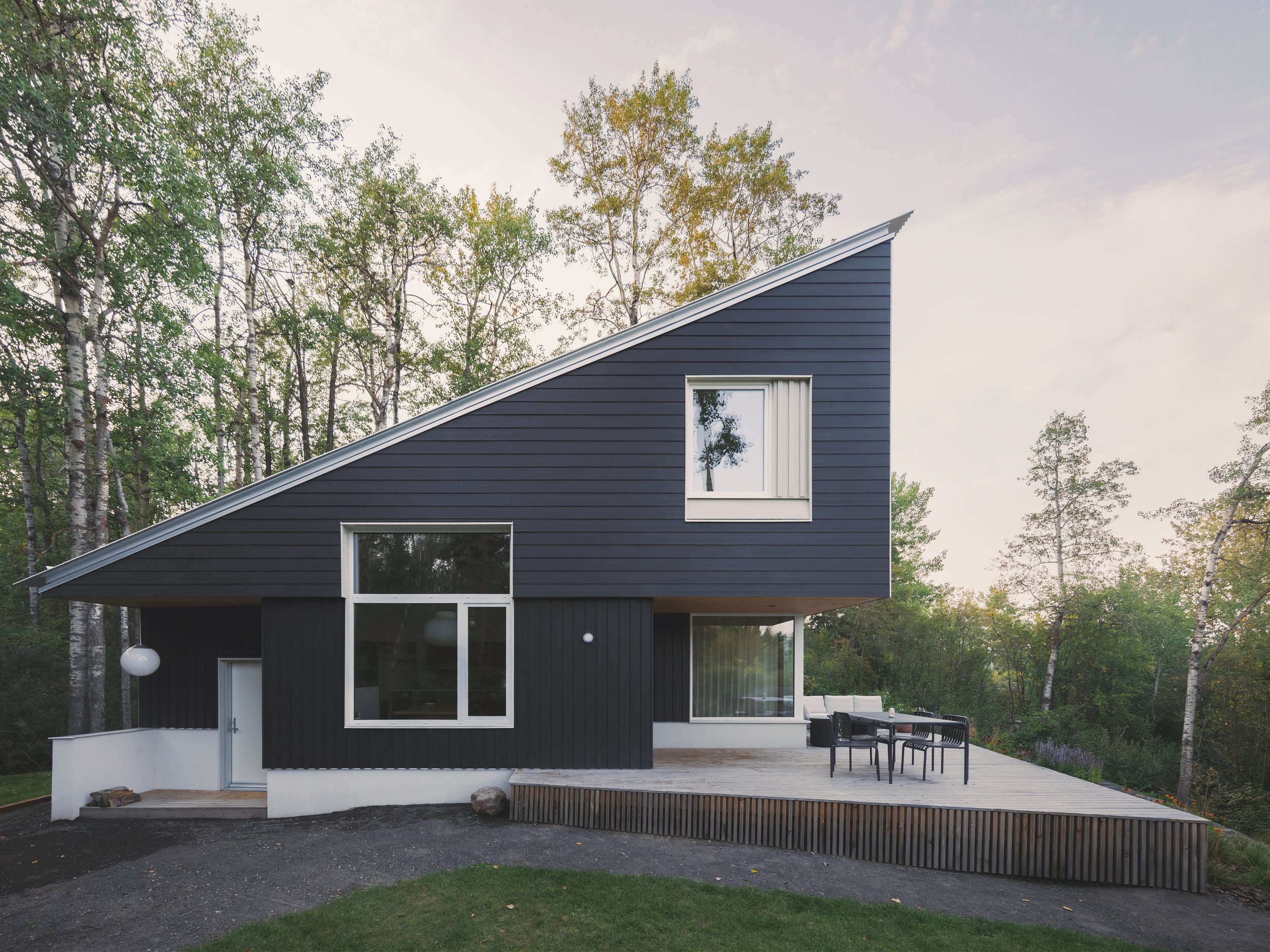 South facade of architectural cabin in Wabamun, Alberta, near Edmonton.