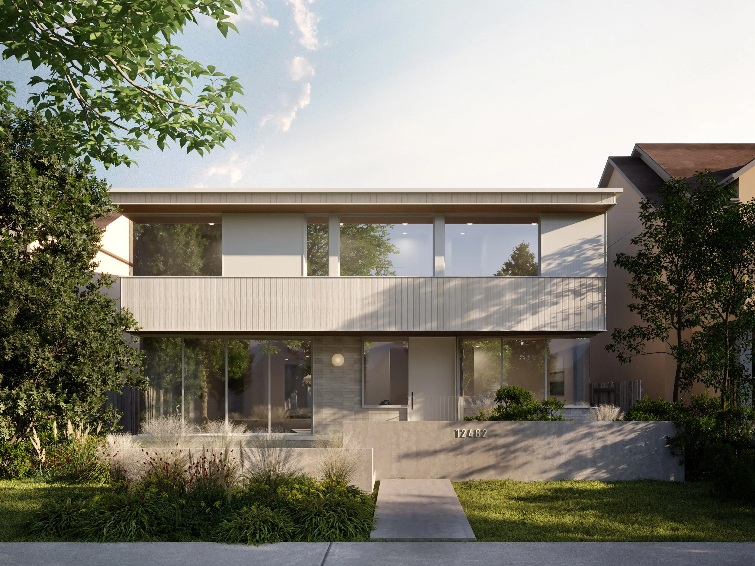 Front facade of new infill single family house in Belgravia neighbourhood of Edmonton, Alberta