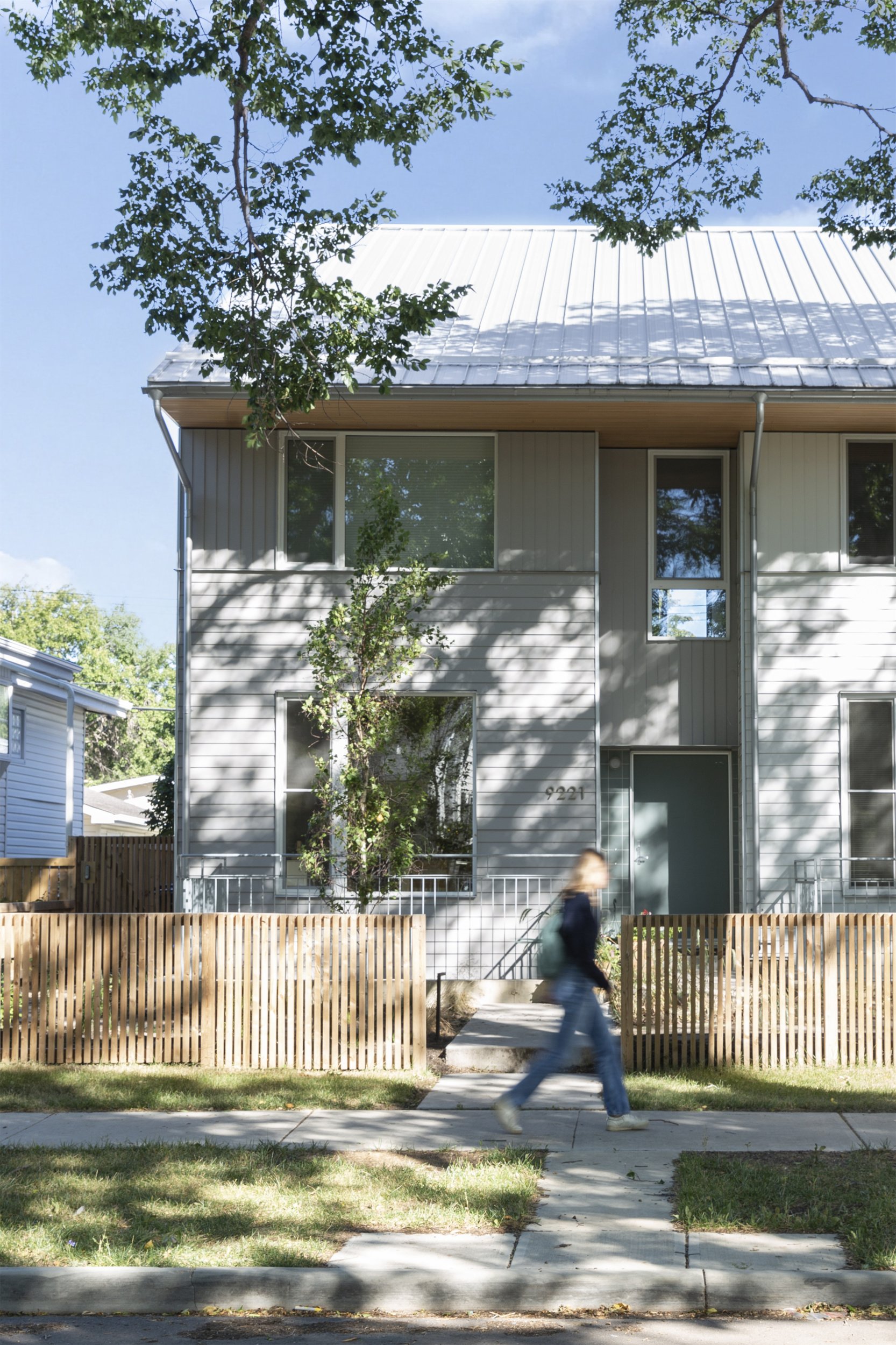 West facade of Bonnie Doon Duplex multi-family project in Bonnie Doon neighbourhood of Edmonton, Alberta.