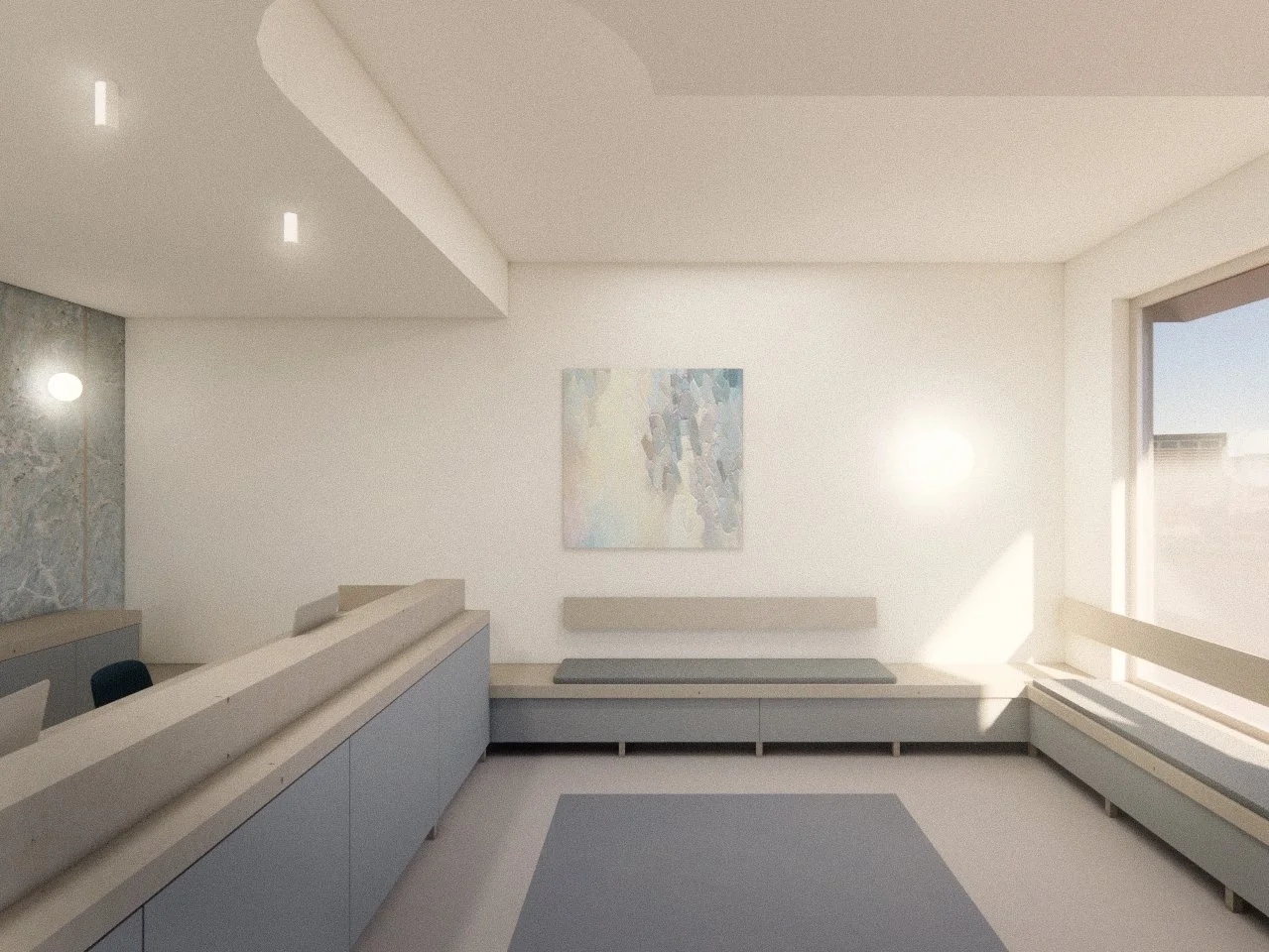 Perspective image of architectural commercial office renovation and tenant improvement project in Fort Saskatchewan, Alberta showing reception area.