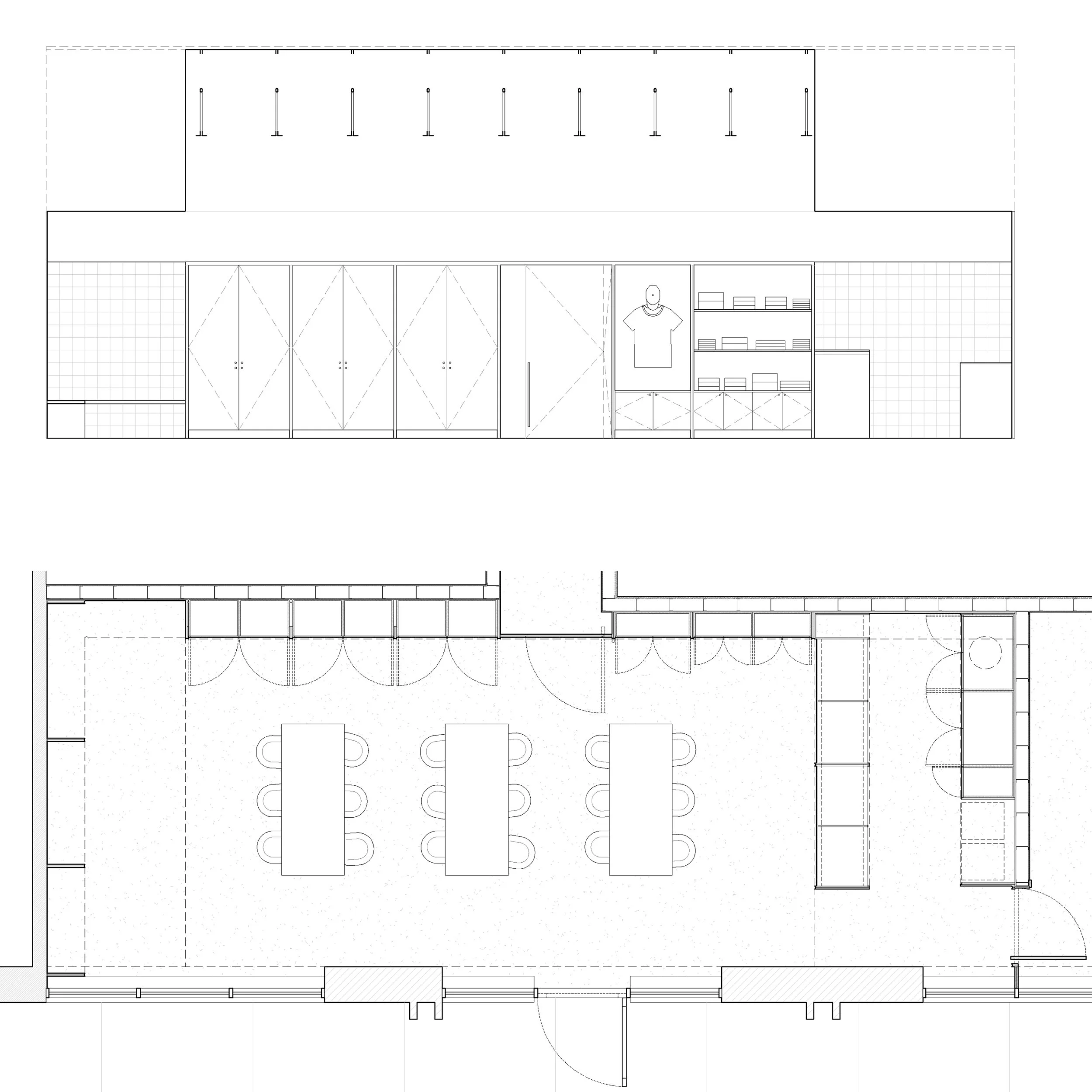 Architectural elevation and detail plan drawings of lobby millwork at Escape City commercial interiors tenant improvement in Calgary, Alberta