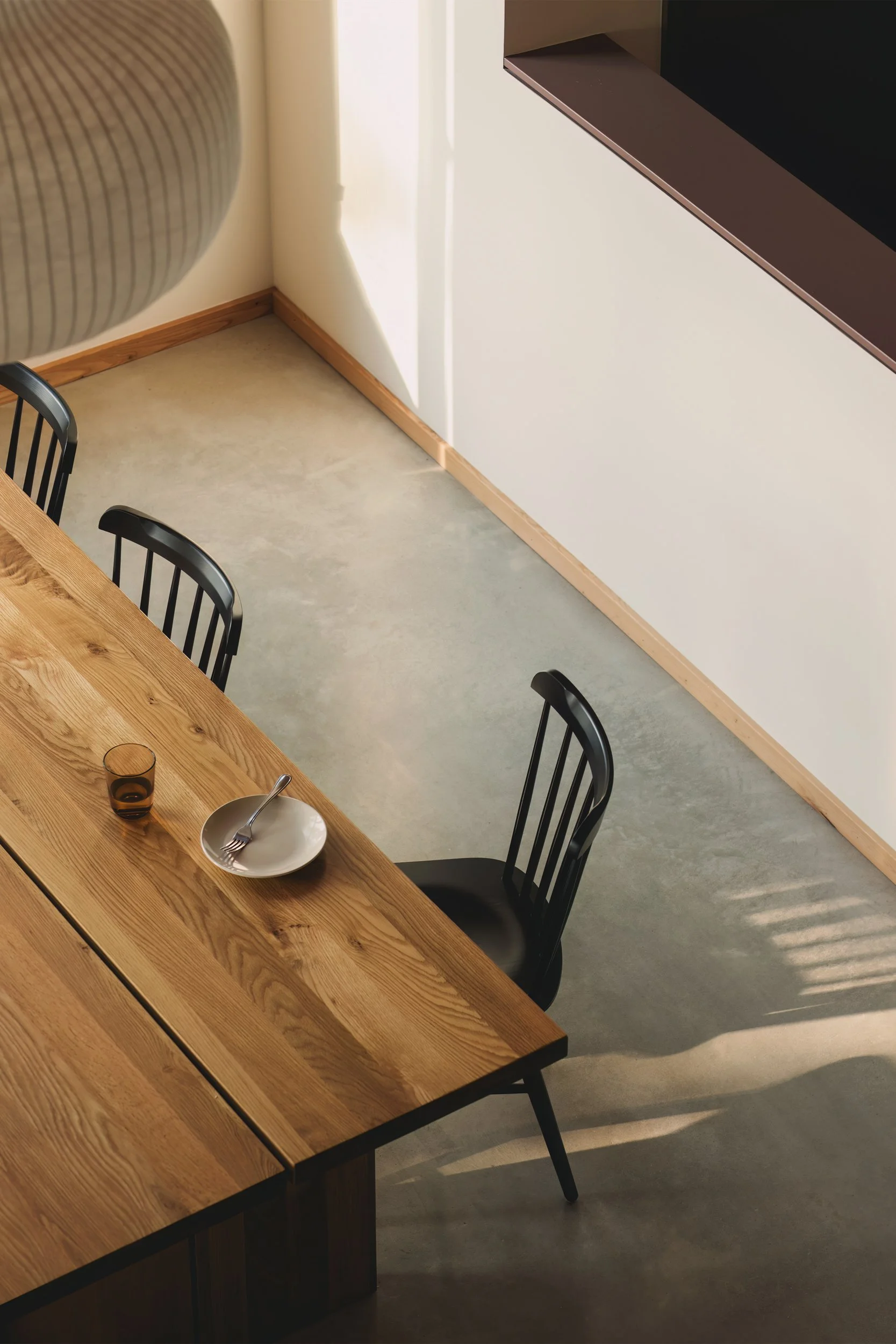 Dining room table of architectural cabin at Wabamun, Alberta near Edmonton