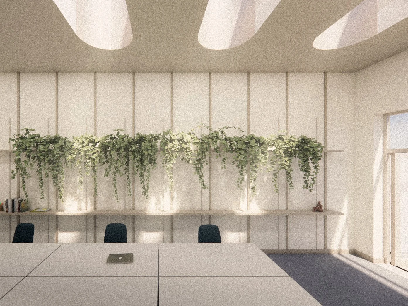 Perspective image of architectural commercial office renovation and tenant improvement project in Fort Saskatchewan, Alberta showing custom shelving and plant wall, with natural light.
