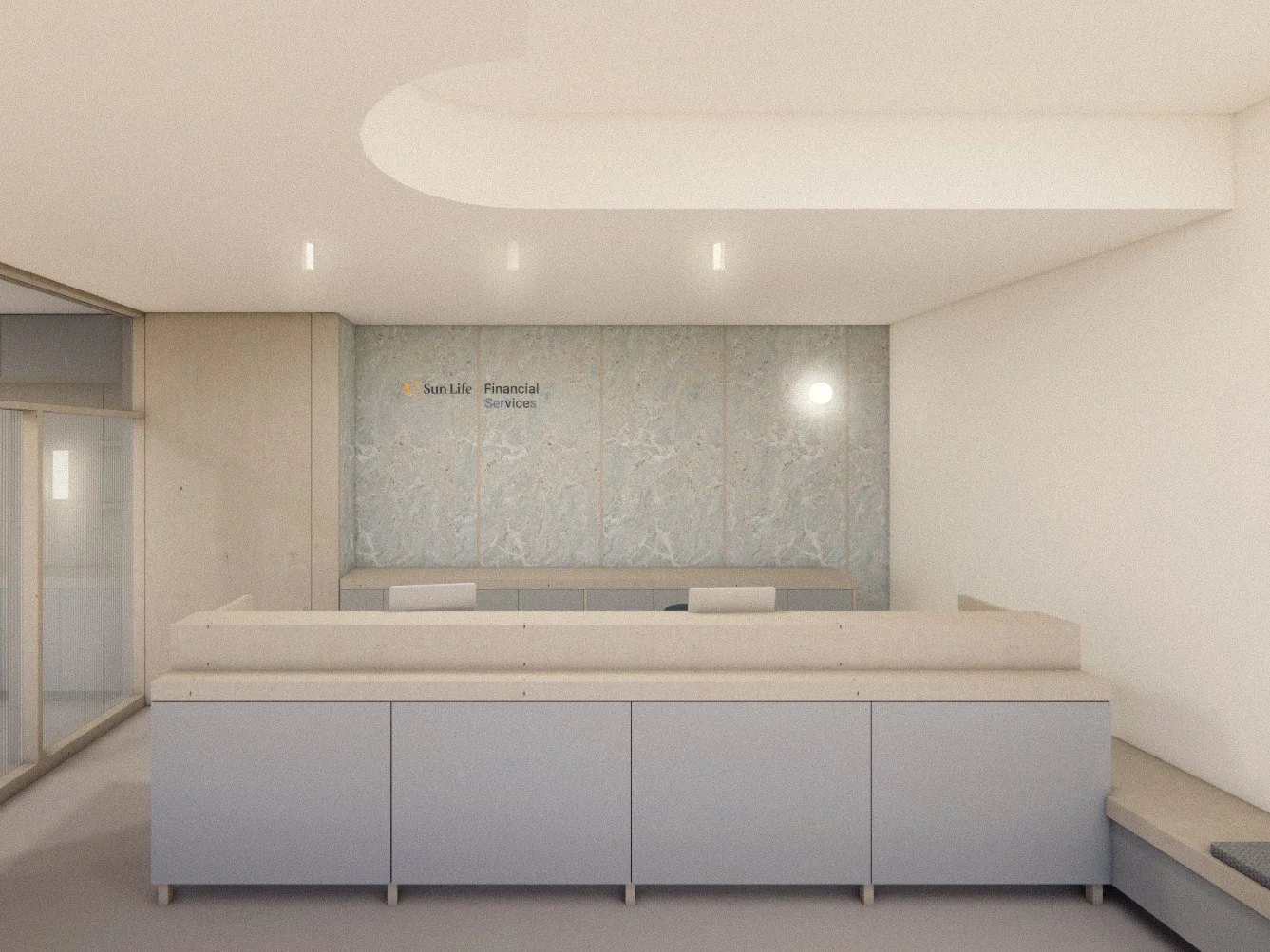 Perspective image of architectural commercial office renovation and tenant improvement project in Fort Saskatchewan, Alberta showing reception desk.