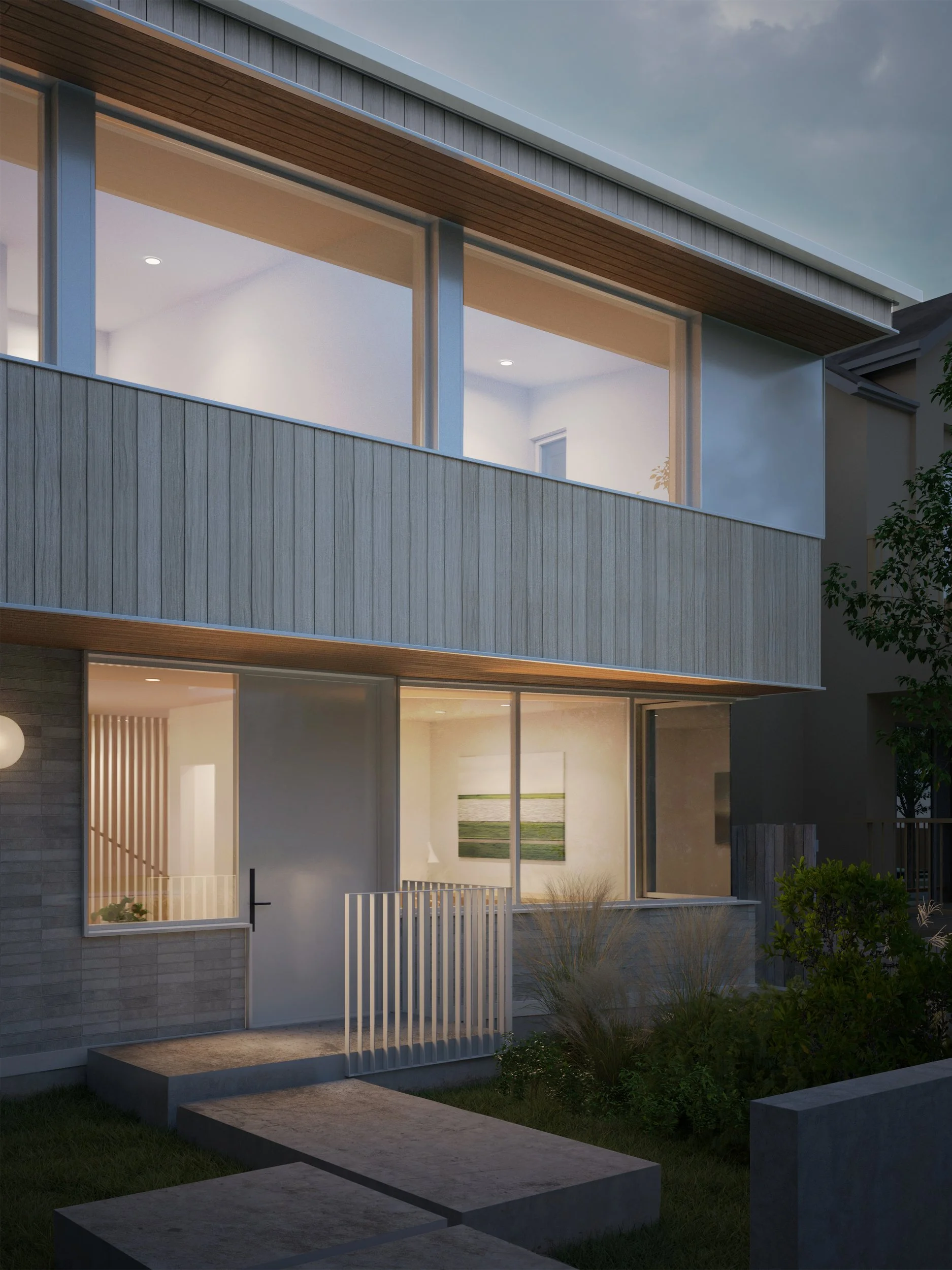Entrance of new infill single family house in Belgravia neighbourhood of Edmonton, Alberta, showing concrete, tile, wood plan siding, and landscaping