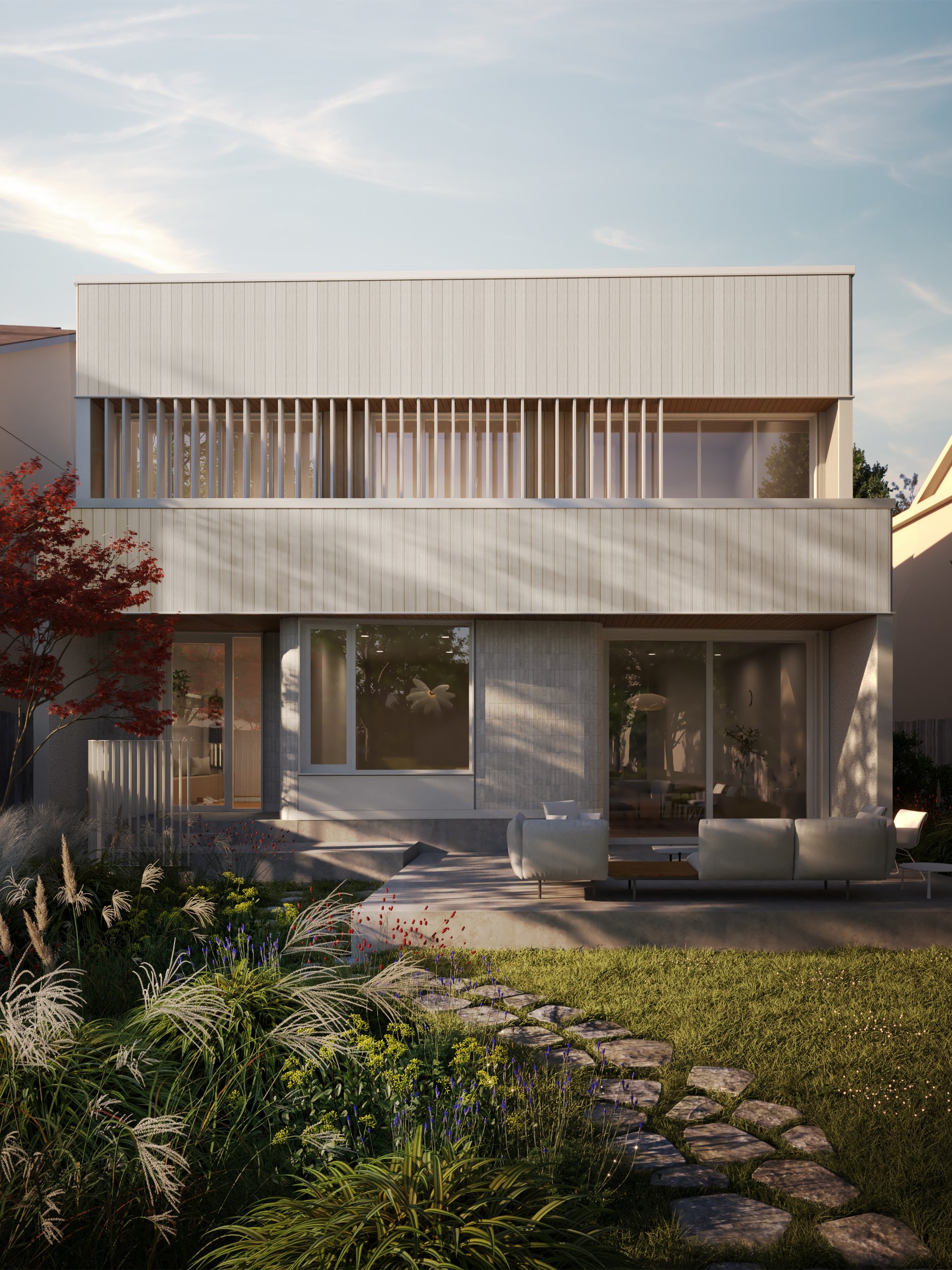 rear facade of new infill single family house in Belgravia neighbourhood of Edmonton, Alberta, showing concrete, tile, wood plan siding, and landscaping