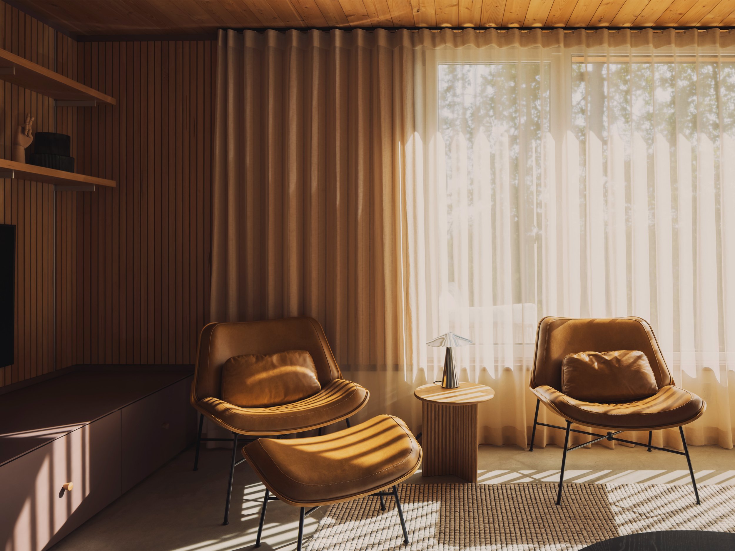Living room of architectural cabin at Wabamun, Alberta near Edmonton showing fir ceiling, wood slat wall, and linen drape