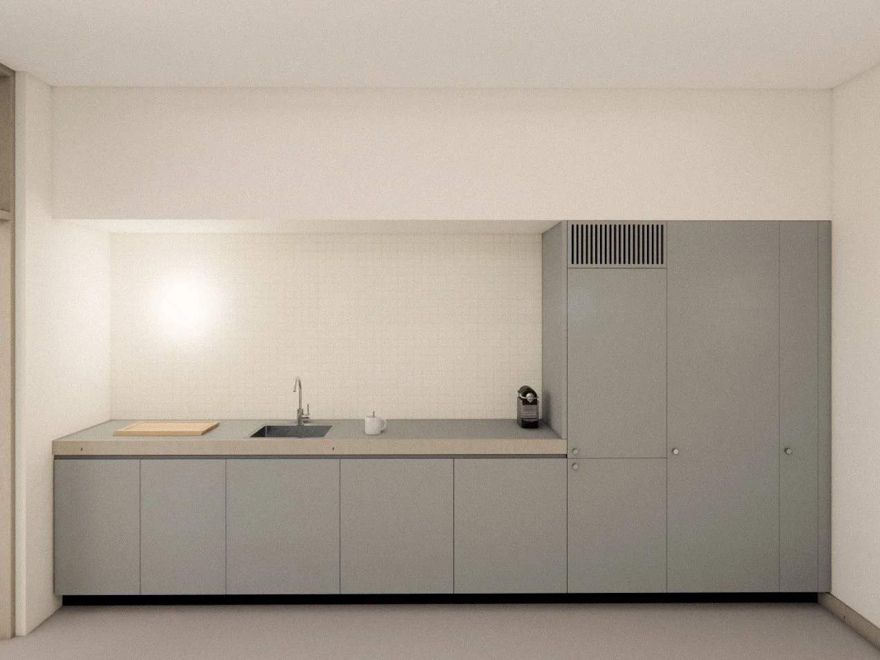 Perspective image of architectural commercial office renovation and tenant improvement project in Fort Saskatchewan, Alberta, showing kitchen, integrated fridge, custom millwork.