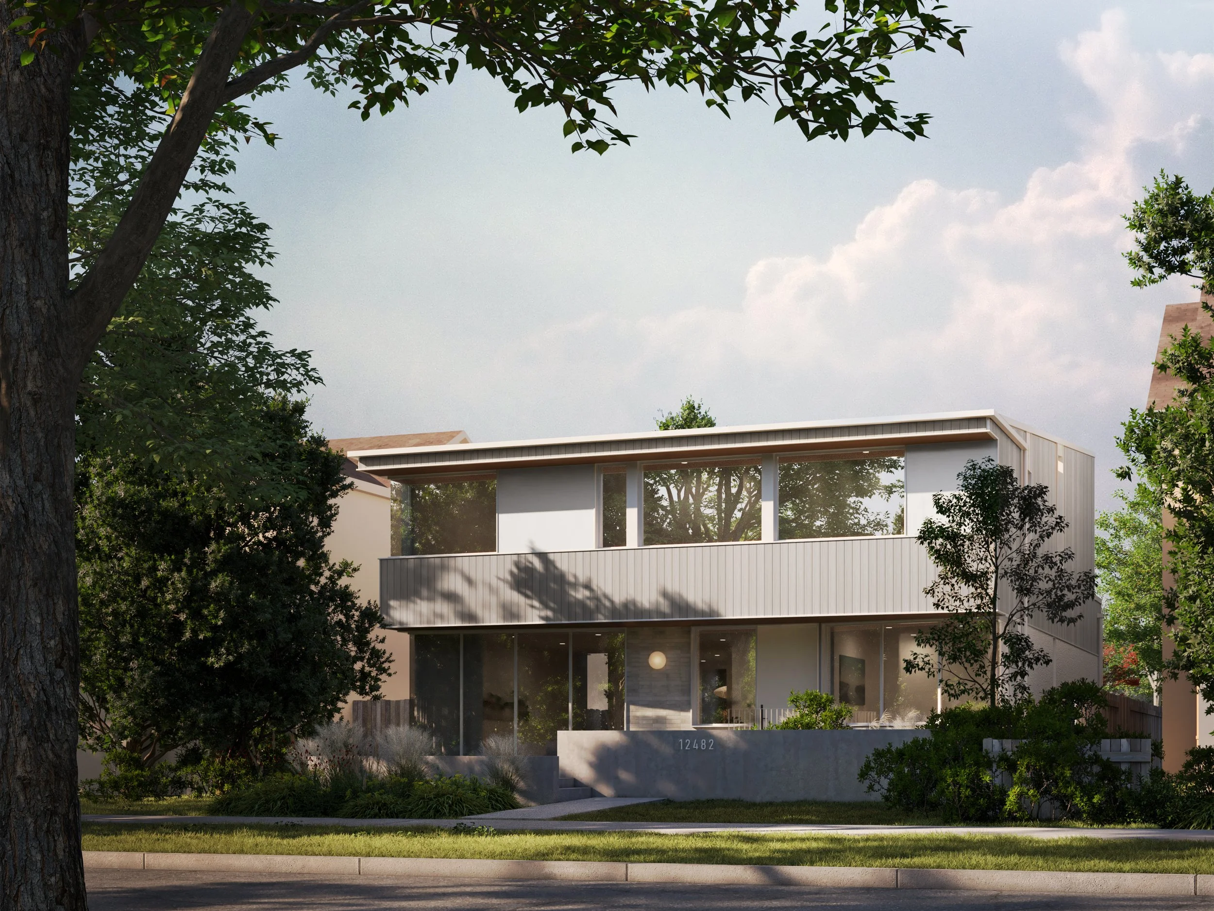 front facade of new infill single family house in Belgravia neighbourhood of Edmonton, Alberta, showing concrete, tile, wood plan siding, and landscaping