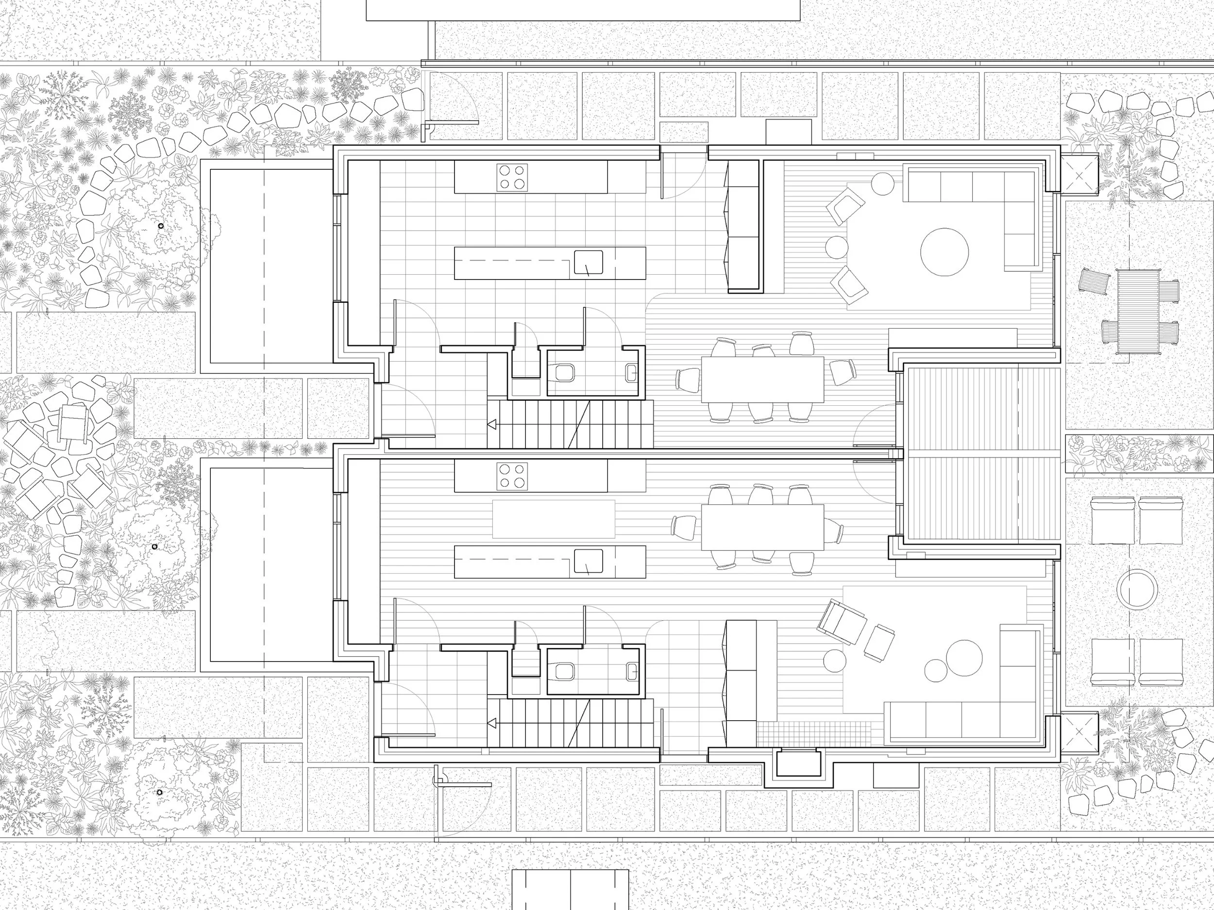 Ground floor and landscape plan of Bonnie Doon Duplex multi-family project in Bonnie Doon neighbourhood of Edmonton, Alberta