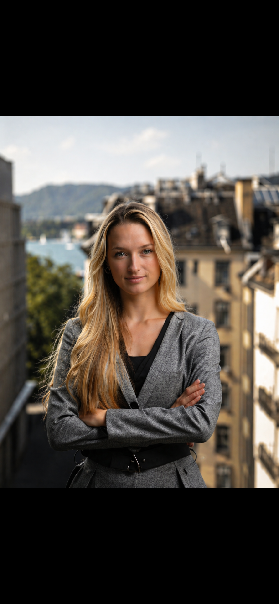 Junge Frau mit blonden, lockigen Haaren und grauem Blazer, die auf einem Balkon in einer Stadt steht, im Hintergrund zu sehen sind alte Gebäude und ein Fluss bei sonnigem Wetter.