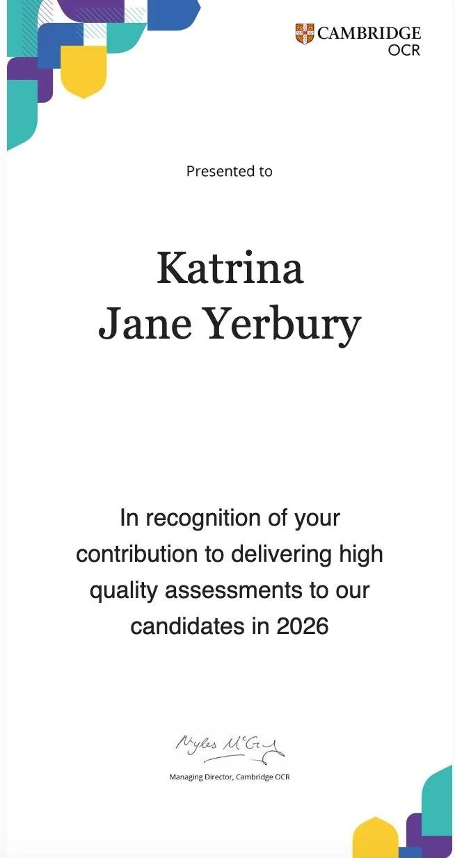 Cambridge OCR certificate presented to Katrina Jane Yerbury in recognition of her contribution to delivering high-quality assessments to candidates in 2026.