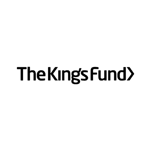 Logo for The Kings Fund with black text and a triangular shape at the end.